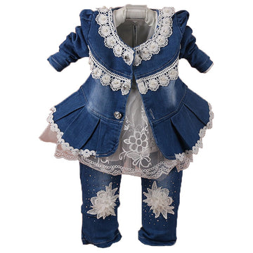 Yao 6M-4Y Infant 3Pcs Baby Girls Clothes Set Toddler Outfits Lace Dress Jacket And Jeans (1-2Y,Flower-White)