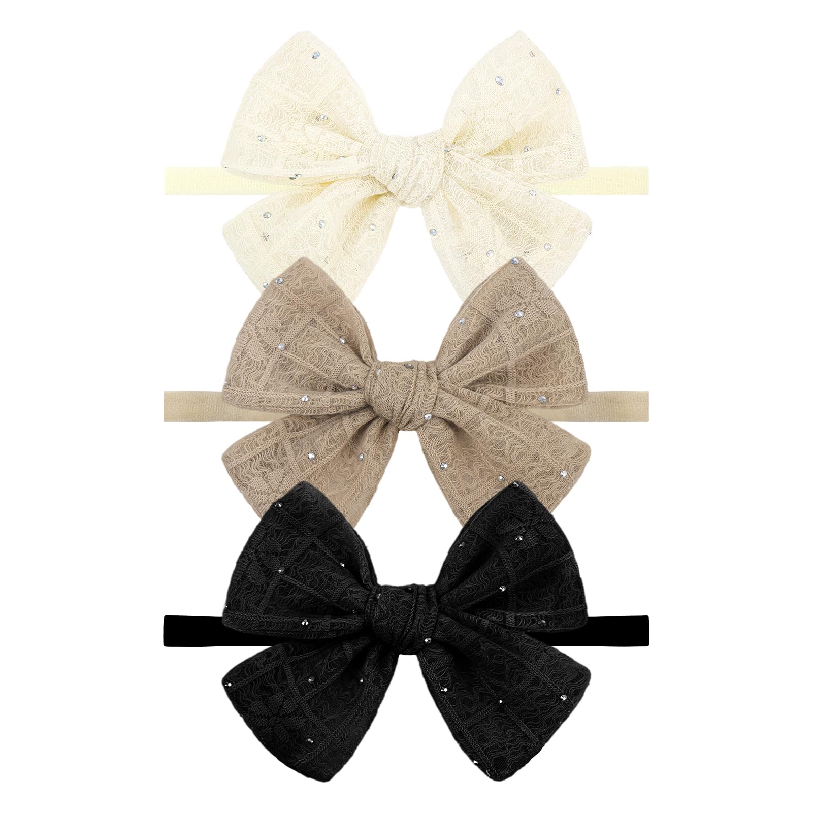 YanJie 3PCS 4 Lace Hair Bow for Girls Nylon Baby Headbands Rhinestone Black Beige Off White Bows Hair Accessories for Newborn In