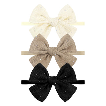 YanJie 3PCS 4 Lace Hair Bow for Girls Nylon Baby Headbands Rhinestone Black Beige Off White Bows Hair Accessories for Newborn In