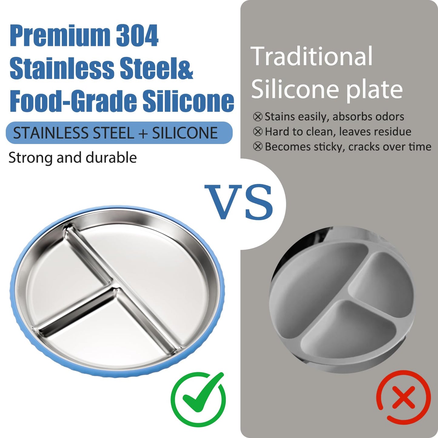 Misslili Stainless Steel Kids Plates And Bowls With Suction, Divided Baby Plate And Toddler Bowl With Removable Silicone Suction