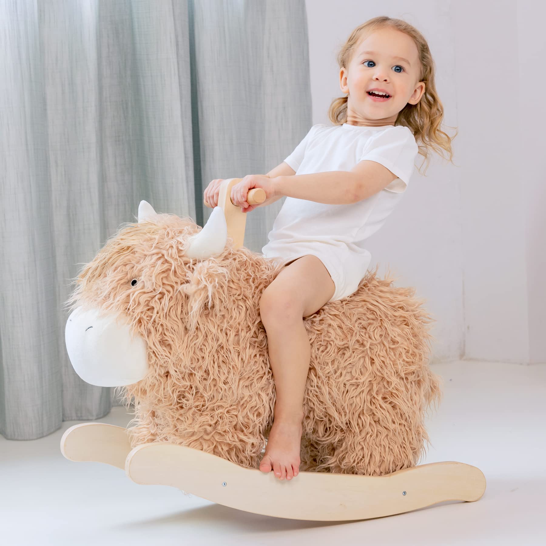 Baby Rocking Horse for 1 Year Old,Wooden Cow/Yak Horse Rocking with Wicker Plush Wooden Ride On Toy for 2 Years Old Girl&Boy Nur