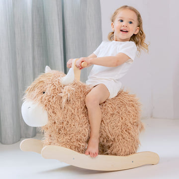 Baby Rocking Horse for 1 Year Old,Wooden Cow/Yak Horse Rocking with Wicker Plush Wooden Ride On Toy for 2 Years Old Girl&Boy Nur
