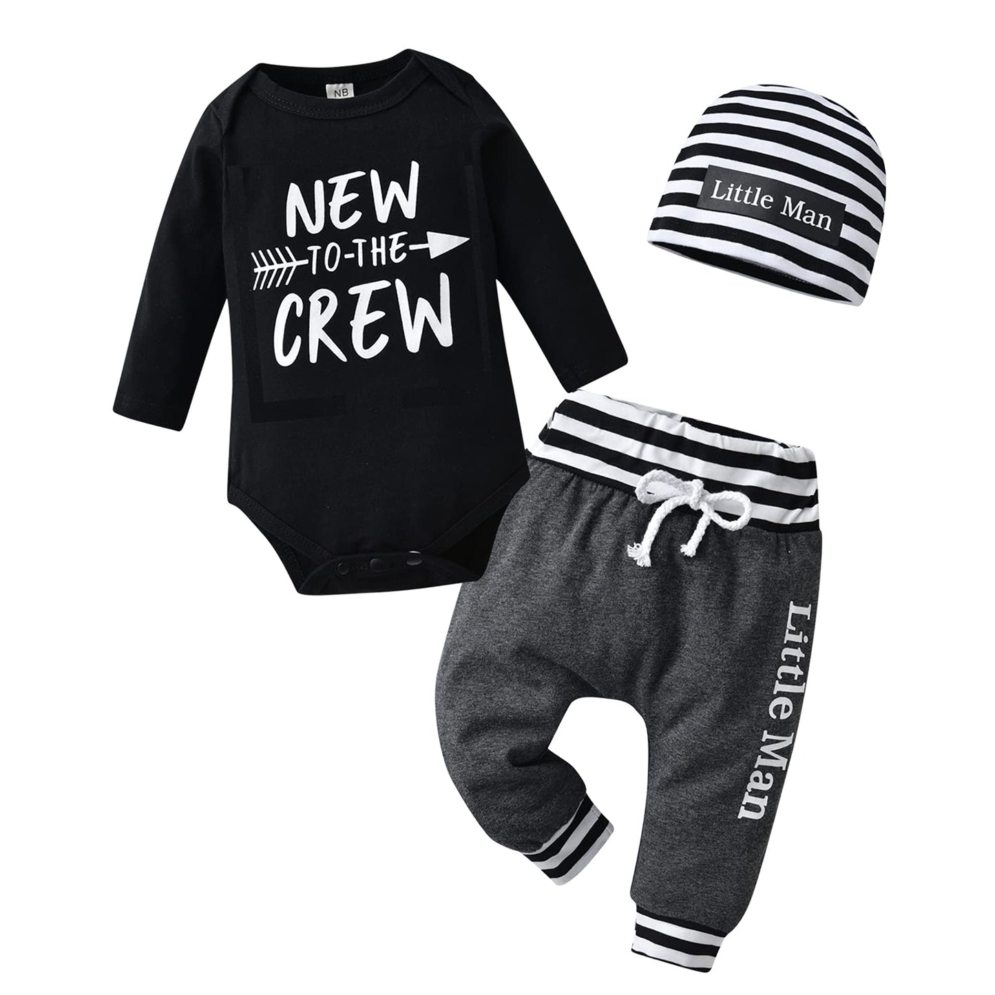 Kukitty Newborn Infant Baby Boy Clothes Long Sleeve New To The Crew Romper + Pants + Hat 3Pcs Outfits Set (3-6 Months) Black