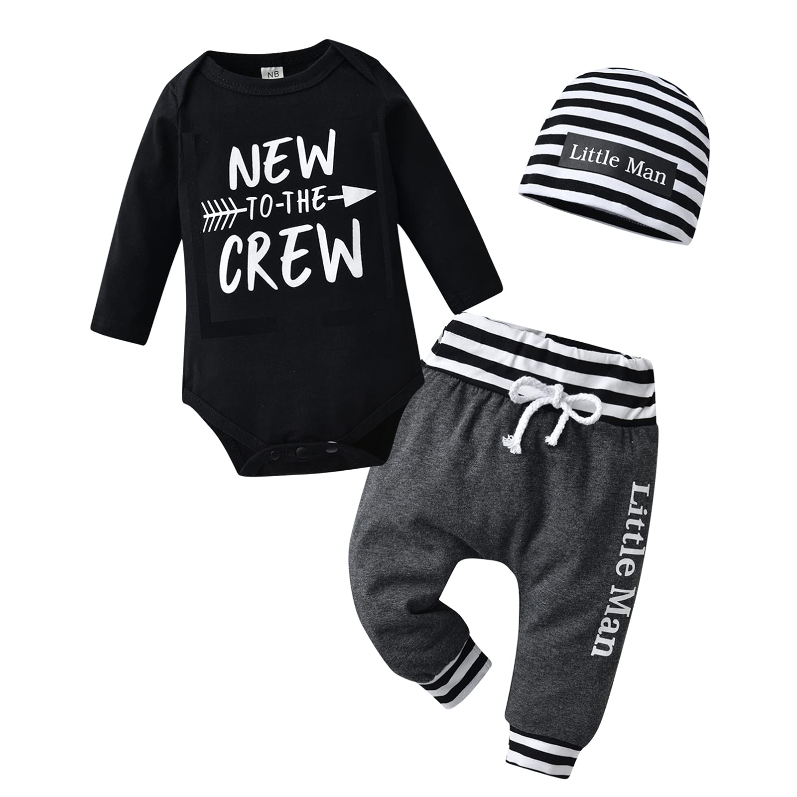 Kukitty Newborn Infant Baby Boy Clothes Long Sleeve New To The Crew Romper + Pants + Hat 3Pcs Outfits Set (3-6 Months) Black