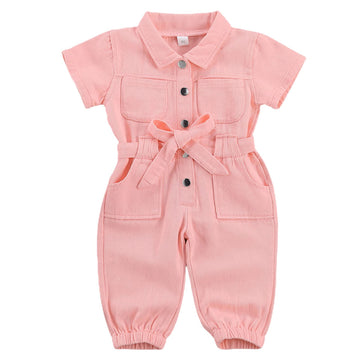 Mubineo Toddler Baby Girl Summer Fall Basic Plain Short Sleeve Cotton Linen Drawstring Romper Jumpsuit (Y2 Peach Pink, 2-3 Years
