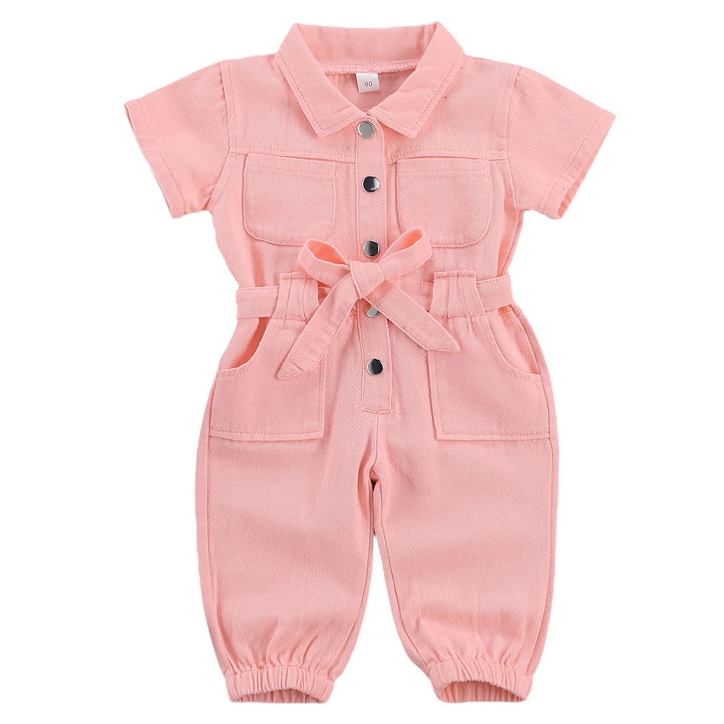 Mubineo Toddler Baby Girl Summer Fall Basic Plain Short Sleeve Cotton Linen Drawstring Romper Jumpsuit (Y2 Peach Pink, 3-4 Years