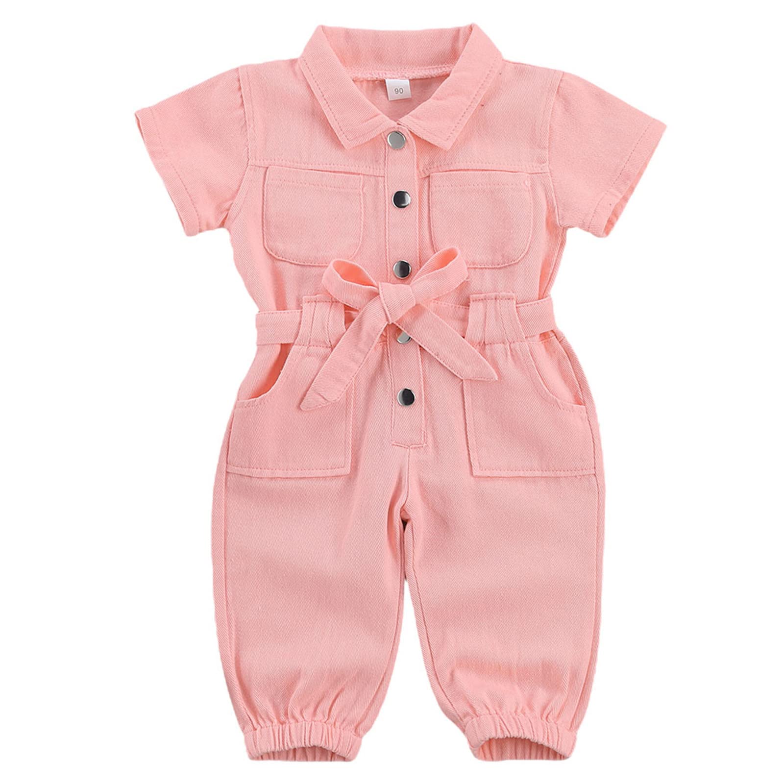 Mubineo Toddler Baby Girl Summer Fall Basic Plain Short Sleeve Cotton Linen Drawstring Romper Jumpsuit (Y2 Peach Pink, 3-4 Years