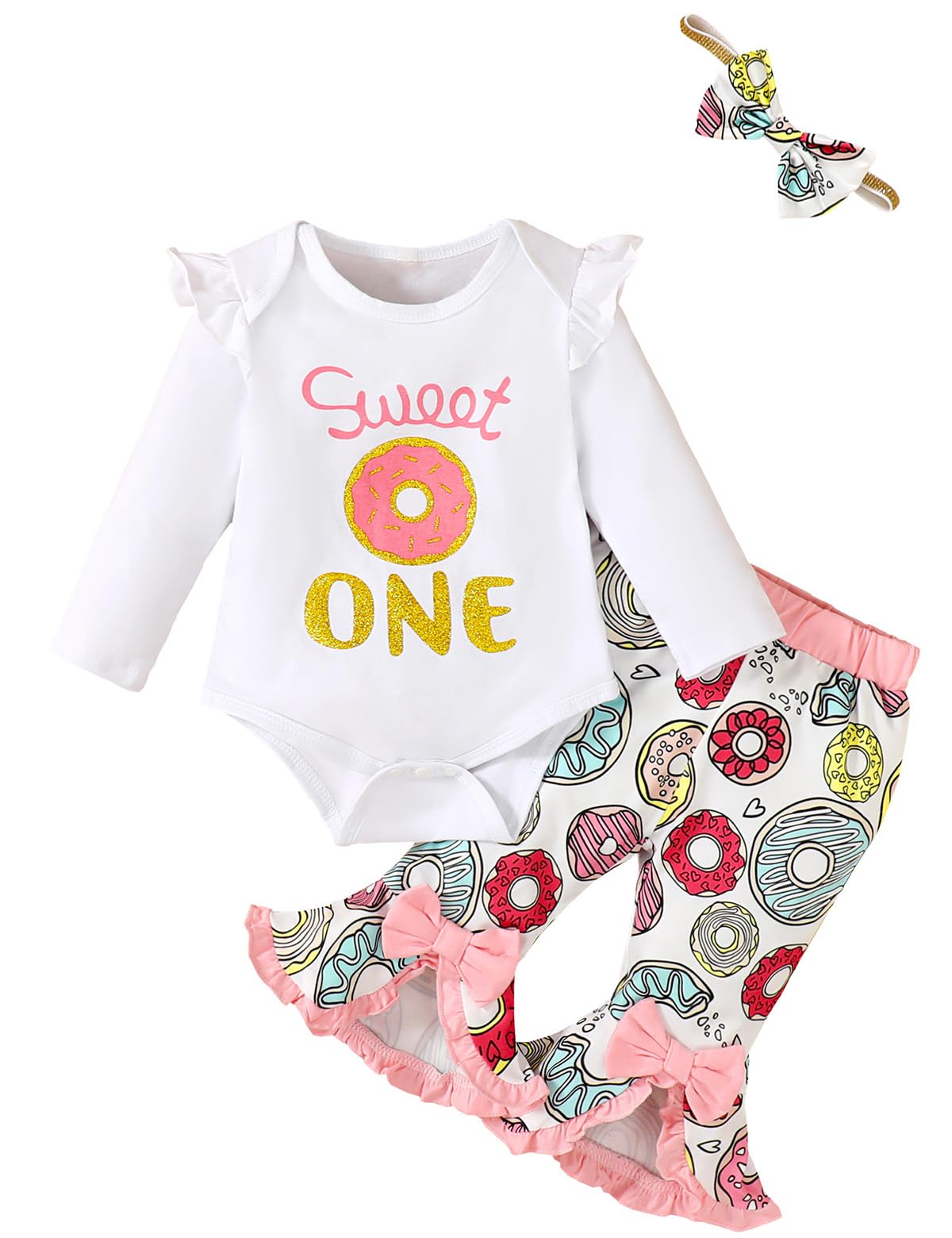 Shalofer Baby Girls Birthday Outfit Donut Bodysuit With Headband, PinkOne, 1218 Months