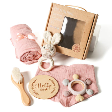 Youuys Baby Gift Set For Newborn - Baby Essential Bath Basket Gift Set With Baby Blanket Baby Rattle Teether Toy & Hair Brush Ne