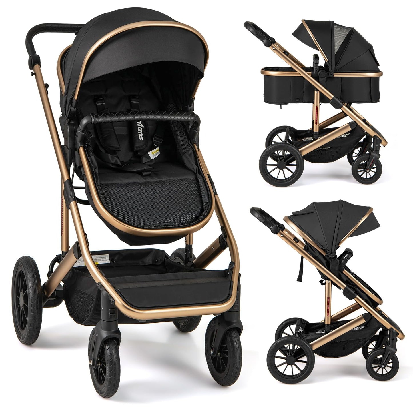 Infans 2 In 1 Baby Stroller, Folding Newborn Pram Convertible Stroller Bassinet For Infant Foldable High Landscape Shock Absorpt