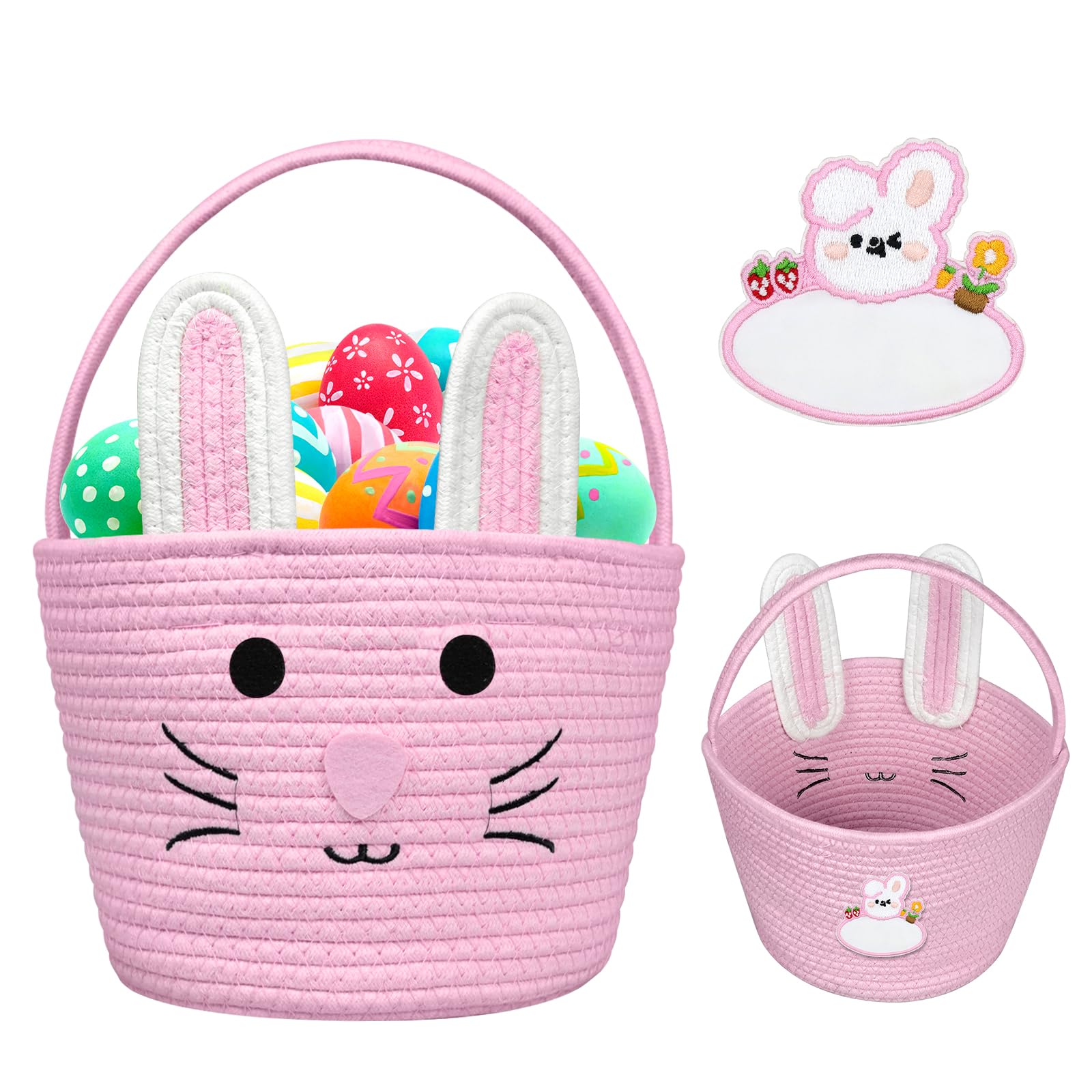 Brbecon Easter Bunny Basket For Kids With Name Tag, Pink Small Woven Easter Basket For Girls, Easter Egg Hunt Baskets Bags Easte