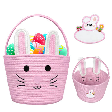 Brbecon Easter Bunny Basket For Kids With Name Tag, Pink Small Woven Easter Basket For Girls, Easter Egg Hunt Baskets Bags Easte