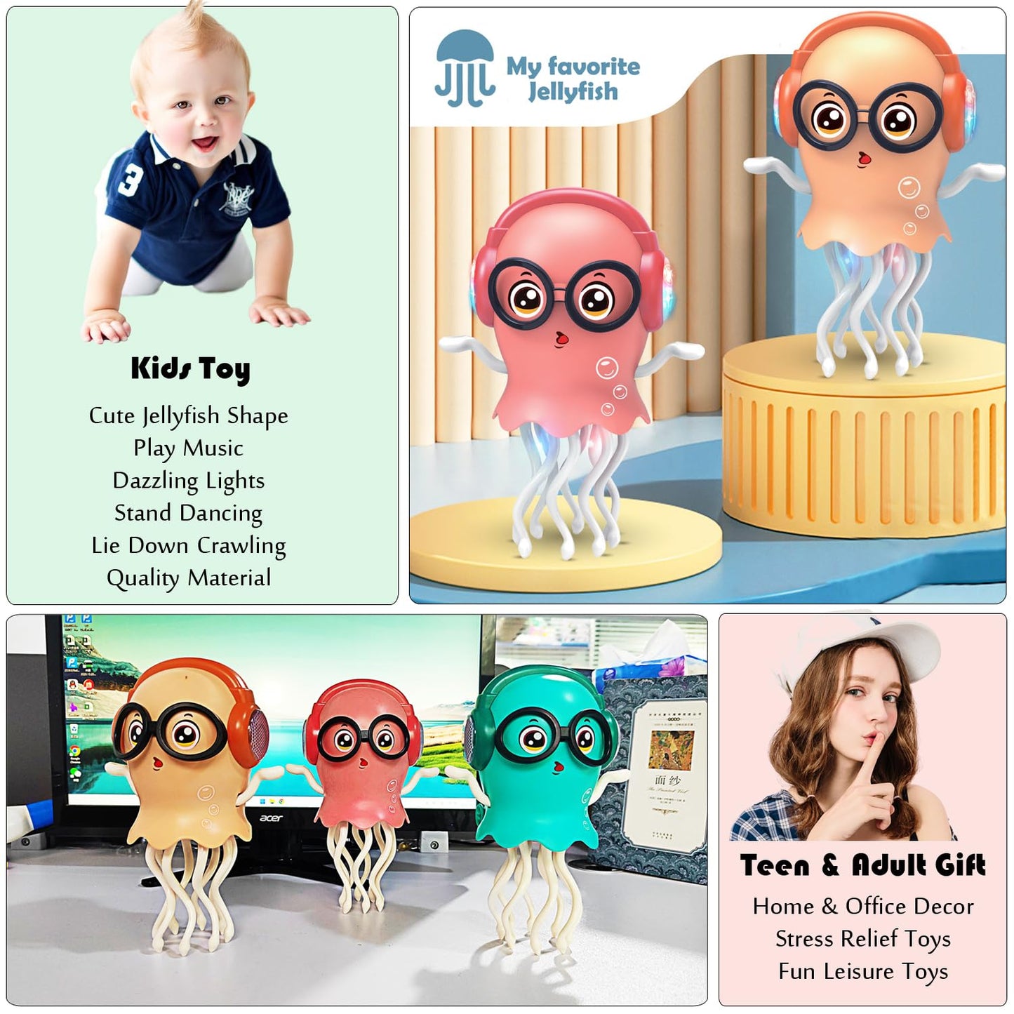 Tipmant Baby Toddler Electric Jellyfish Toys Cute Electronic Octopus Animal Vehicle Car, Dance, Crawl, Music, Luminous Lights, K