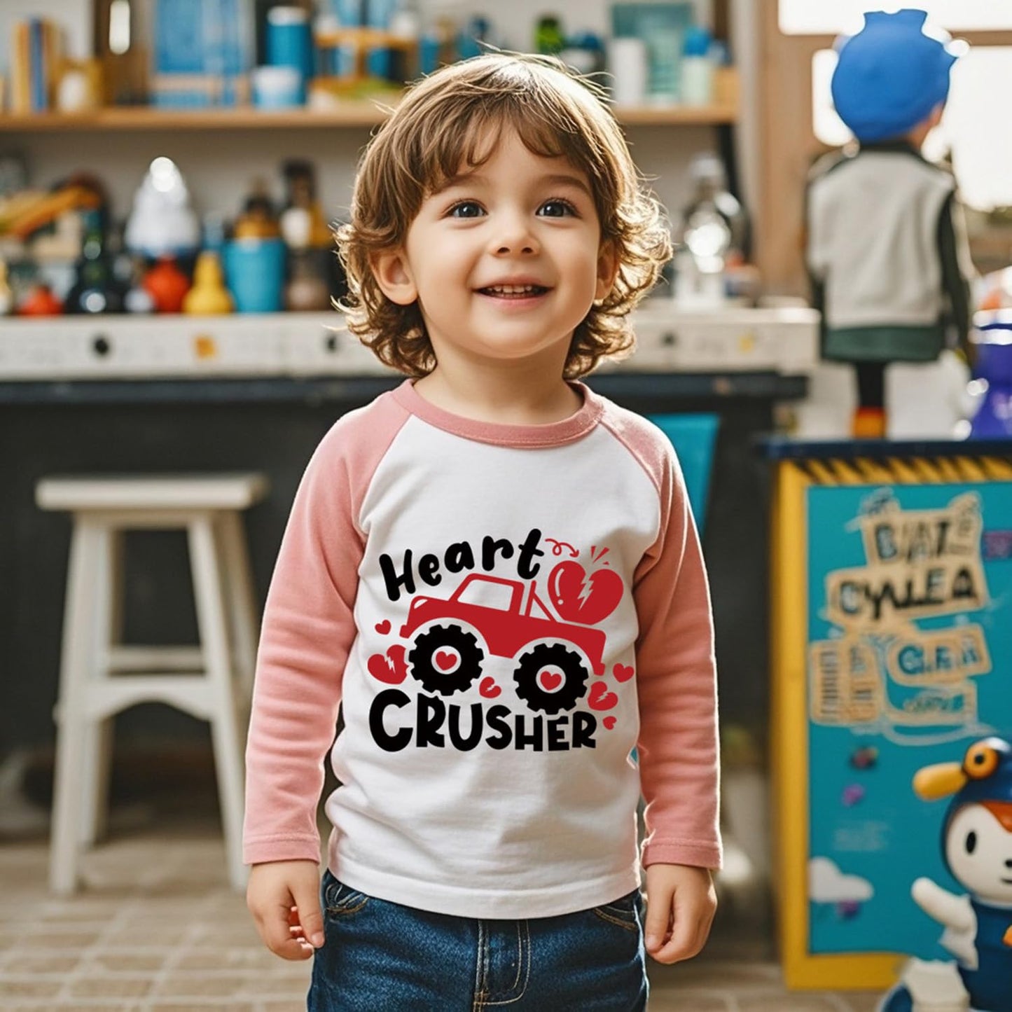 Aqylxlhh Toddler Boy Valentines Day Shirt Girls Monster Truck Long Sleeve Raglan Kids Shirts For Valentines Pinktops 6T
