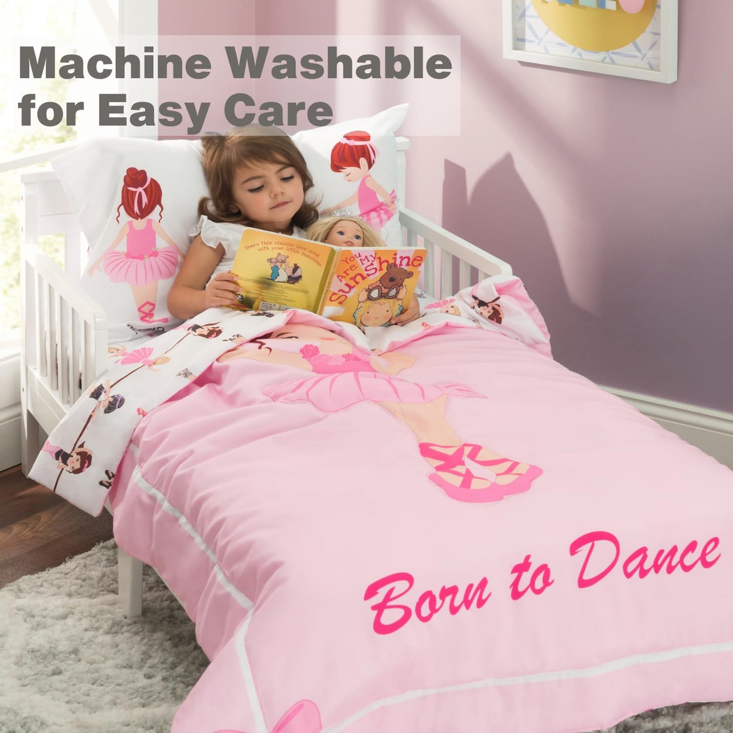 Everyday Kids 4 Piece Toddler Bedding Set -Born To Dance Ballerina- Includes Comforter, Flat Sheet, Fitted Sheet And Reversible