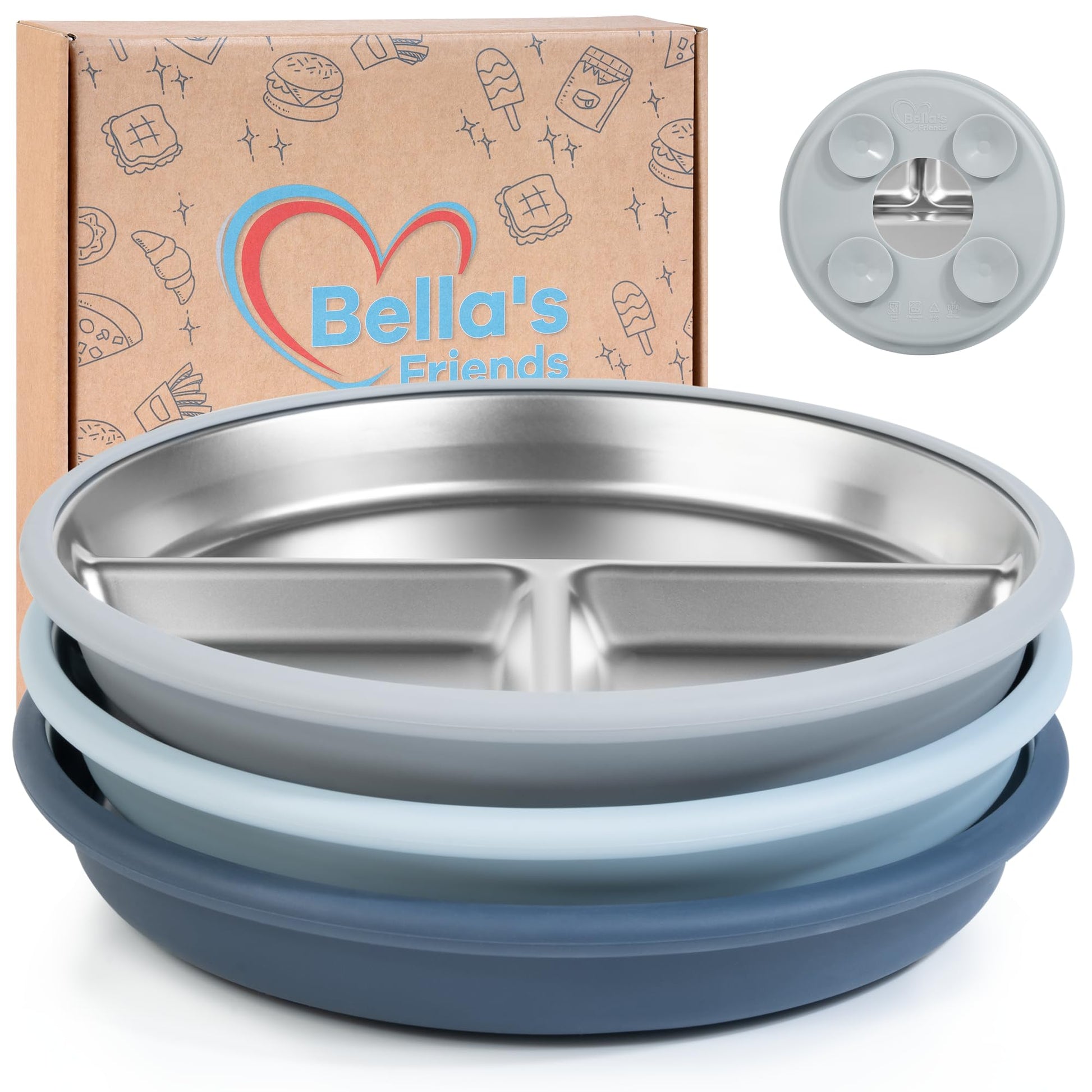 Bellas Friends Stainless Steel Kids Plates 8 Suction Plate for Baby,3 Packs Non-Toxic Divided Toddler Plates,Food-Grade Silicon