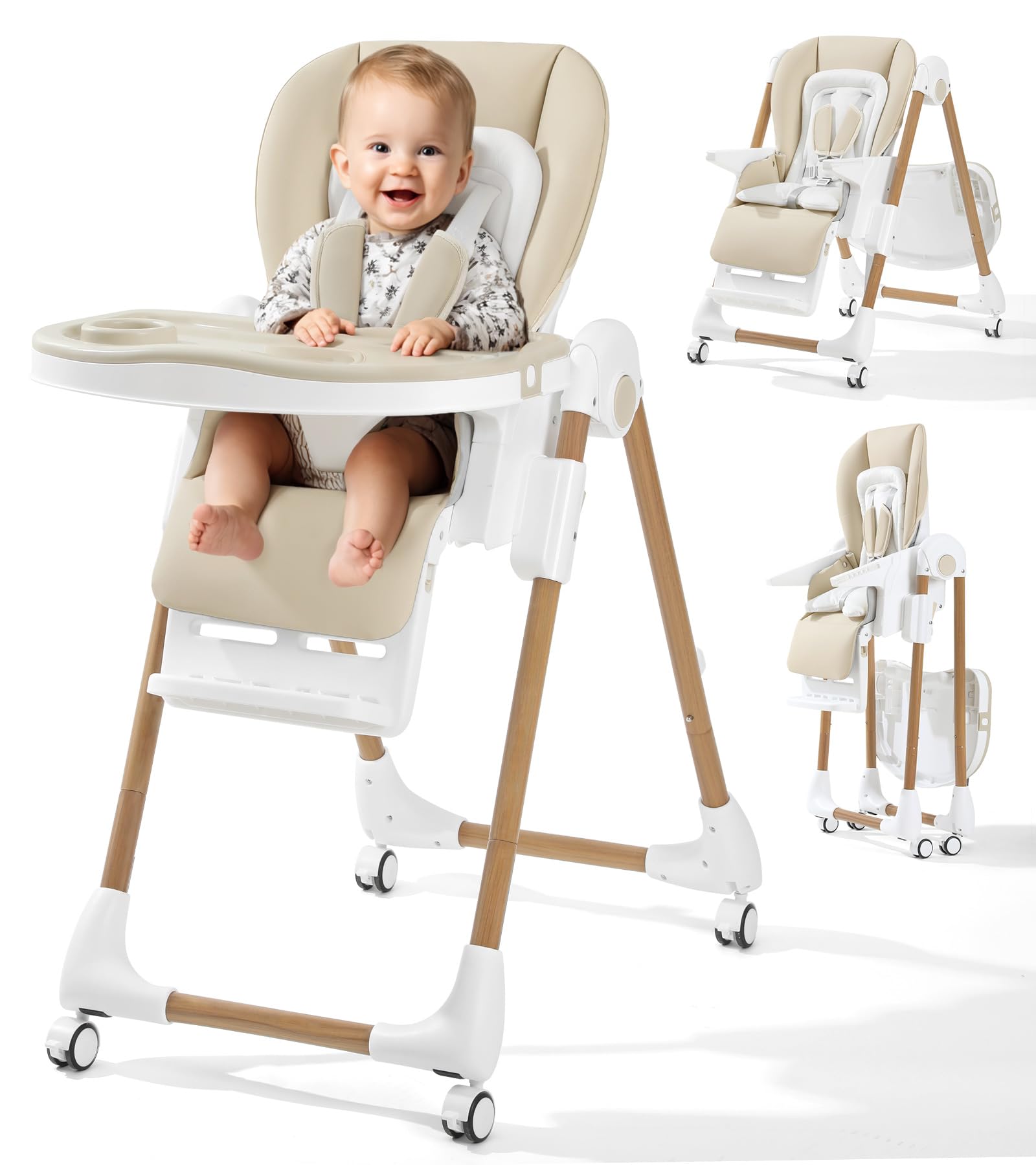 Mallify Foldable High Chairs for Babies and Toddlers, 3-in-1 Convertible Baby High Chair with Removable Soft Cushion and Tray, A