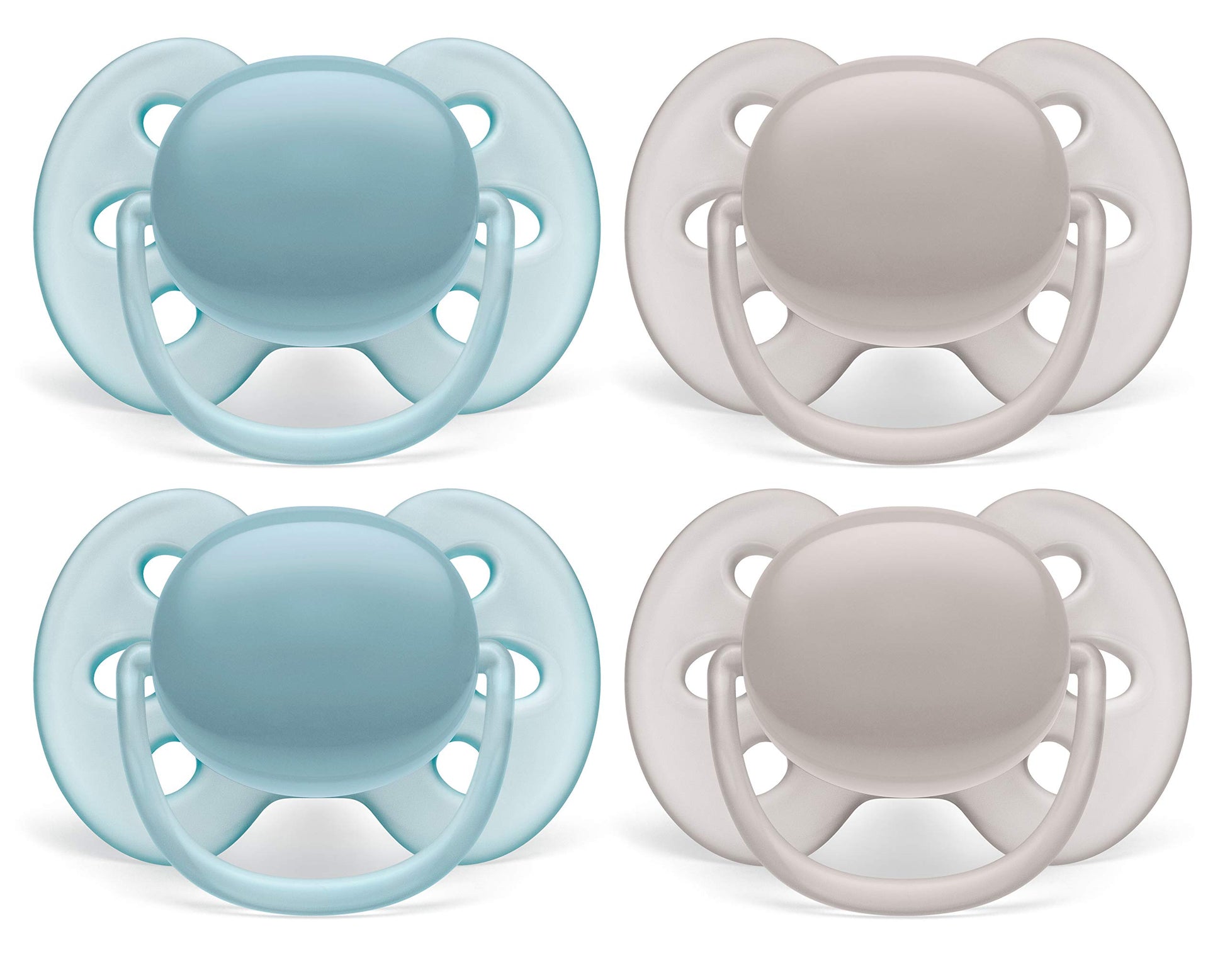 Philips AVENT Ultra Soft Pacifier, 6-18 months, Blue and Grey, 4 Pack, SCF211/40