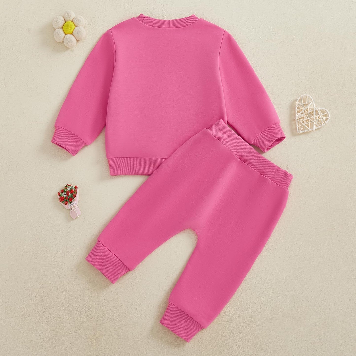 Lagkiyoj Toddler Girl Valentine'S Day Outfits Letter Flower Embroidery Sweatshirt Long Pants 6 12 18 24 Months 2T 3T 4T (Pink Va