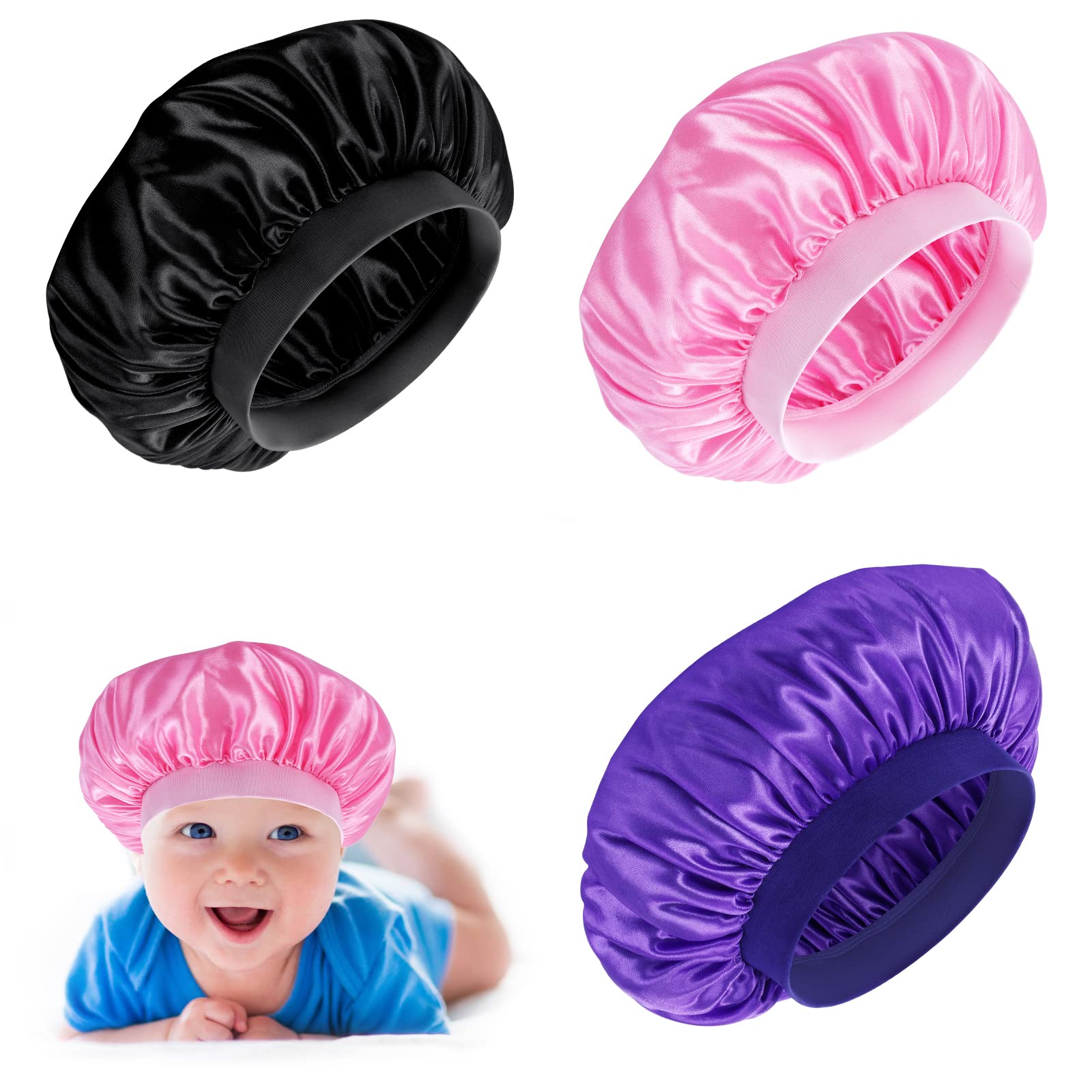 Prasacco 3 Pieces Kids Satin Bonnet Baby Bonnet Sleeping Cap Soft Silk Night Hats Colorful Satin Cap For Baby Girls Boys Natural