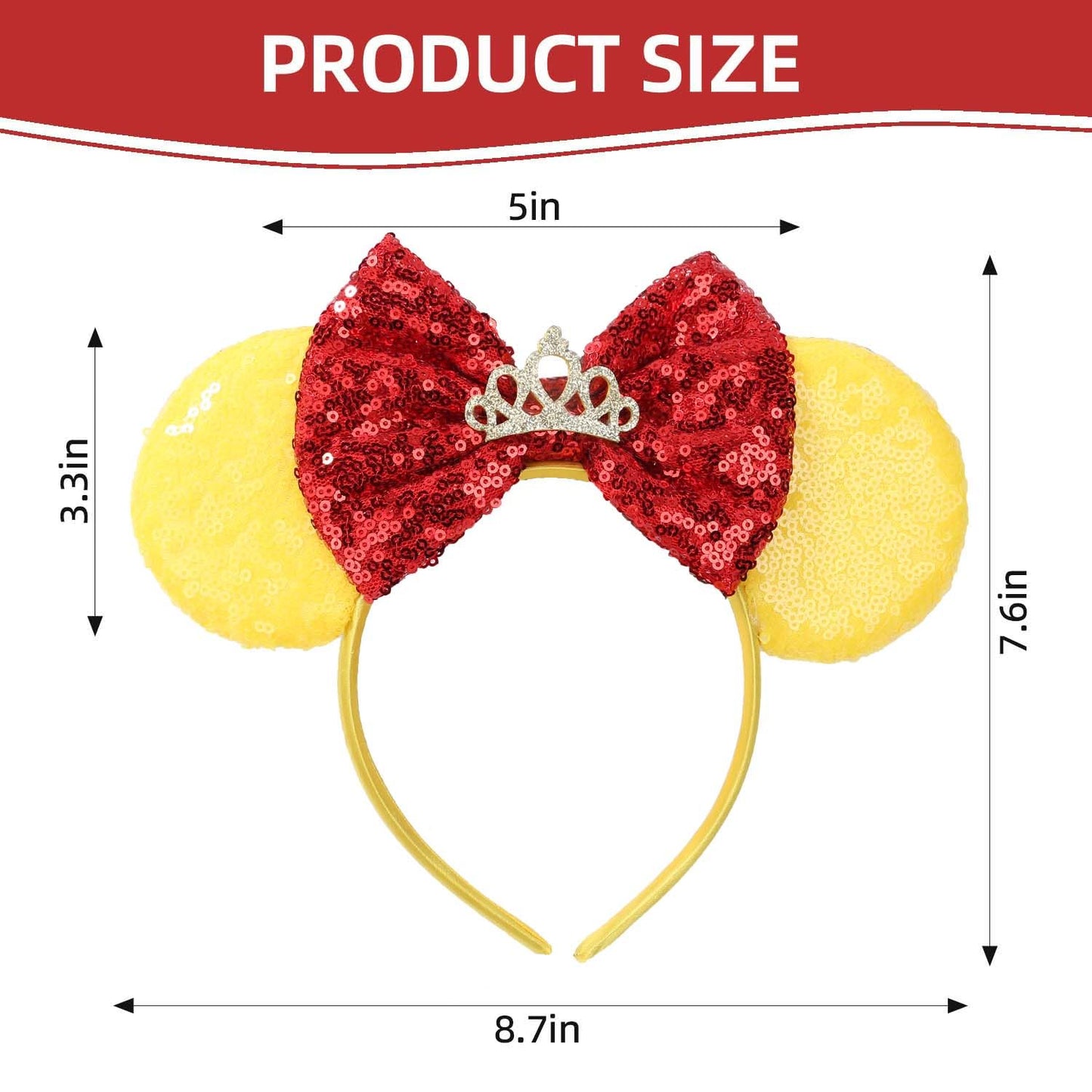 Razko Sparkle Minnie Ears Headband - Yellow-Red Bow - One Size Fits All - Hairband Or Minnie Ears Headband For Party, Disney Tri