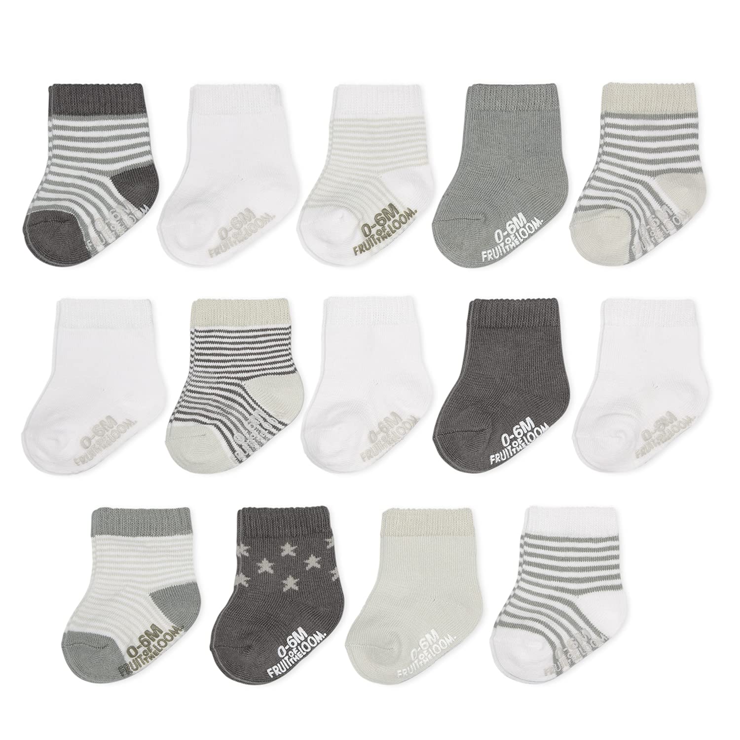 Fruit Of The Loom Baby 14-Pack Grow & Fit Flex Zones Cotton Stretch Socks - Unisex, Girls, Boys (12-24 Months, Grey Stripe)