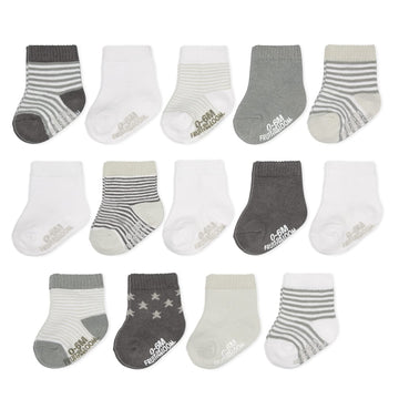 Fruit Of The Loom Baby 14-Pack Grow & Fit Flex Zones Cotton Stretch Socks - Unisex, Girls, Boys (6-12 Months, Grey Stripe)