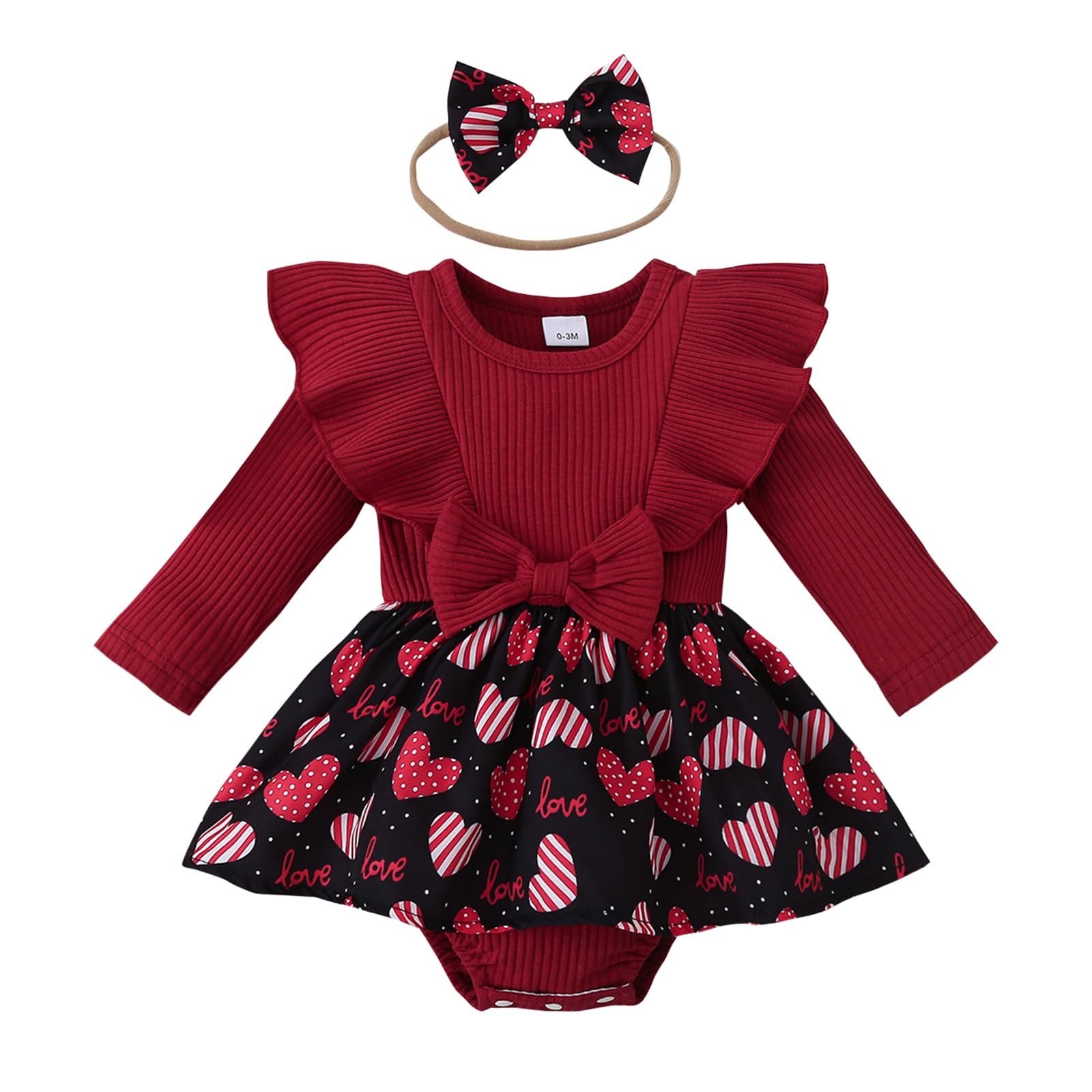 Valentine Baby Girl Outfit Heart Print Ribbed Long Sleeve Newborn Valentines Day Romper Dress Headband Set (Red, 9-12 Months)