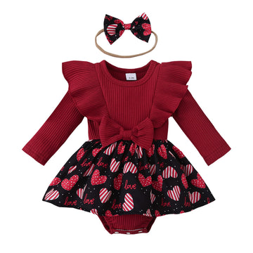 Valentine Baby Girl Outfit Heart Print Ribbed Long Sleeve Newborn Valentines Day Romper Dress Headband Set (Red, 9-12 Months)