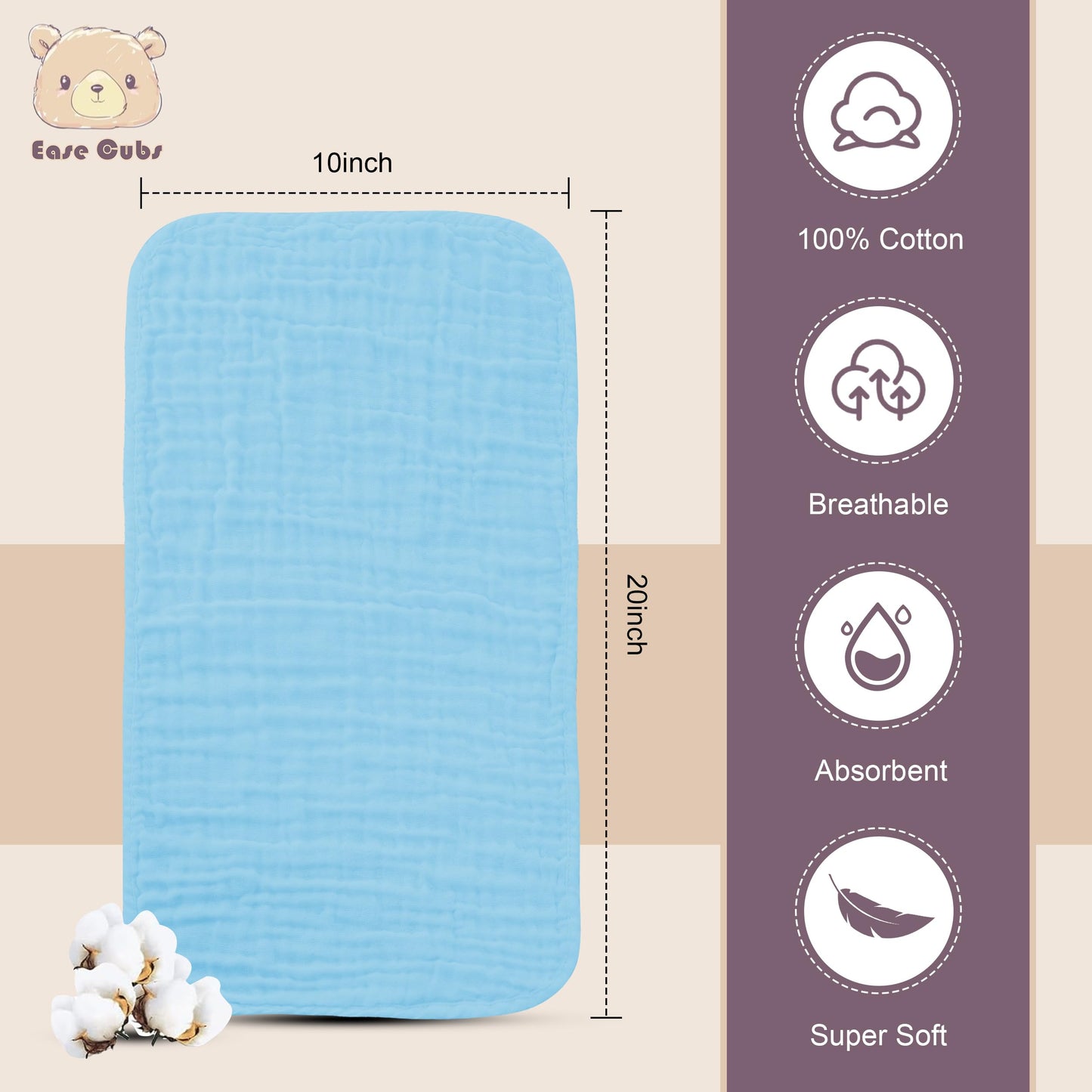 Ease Cubs Muslin Burp Cloths Large 100% Cotton Hand Washcloths For Boys & Girls, Baby Essentials Extra Absorbent And Soft Burpin