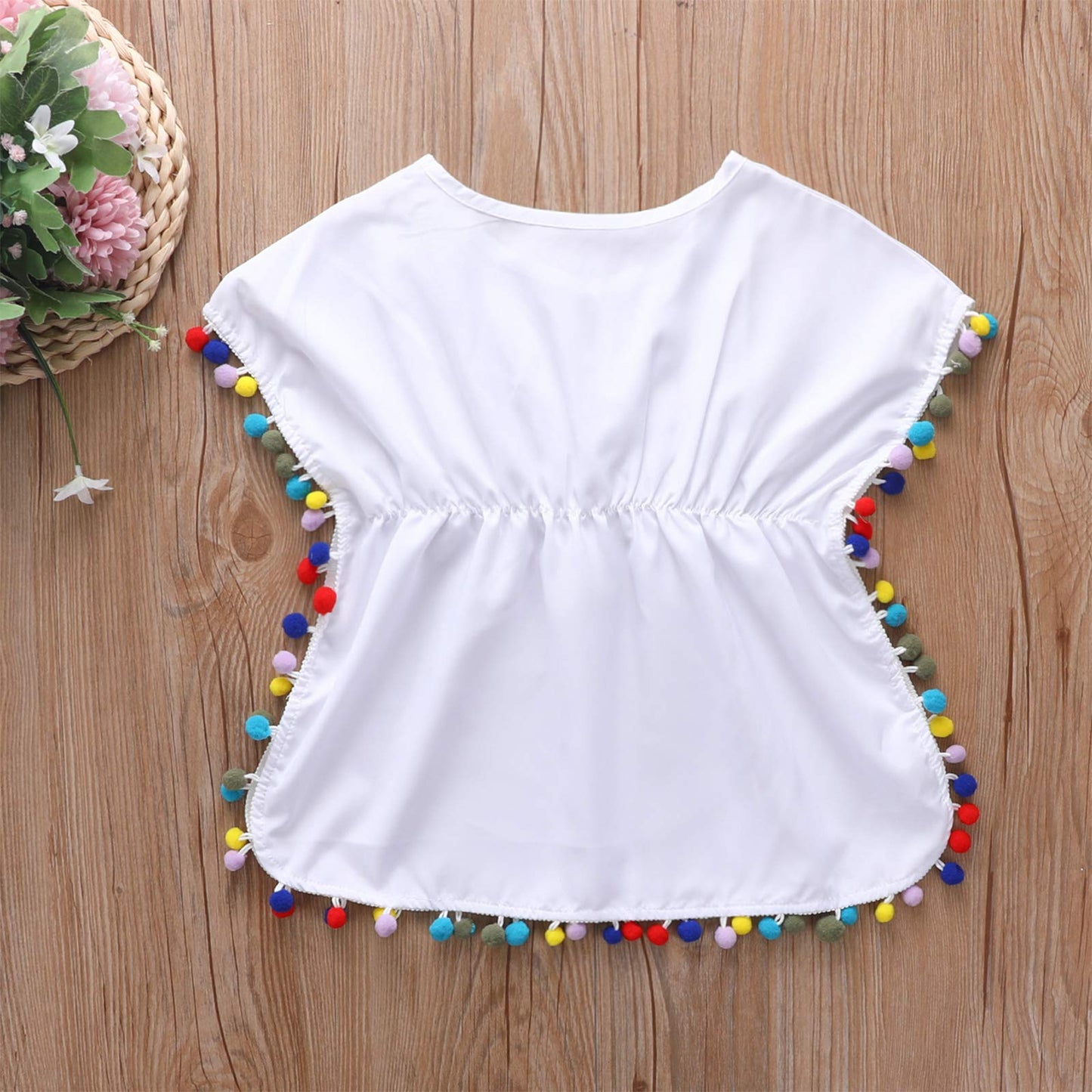 Tiacham Toddler Baby Girls Swimsuit Coverup Beach Dresses Tassels Cover Up Pompom Poncho Rash Guards (White, 2-3T)
