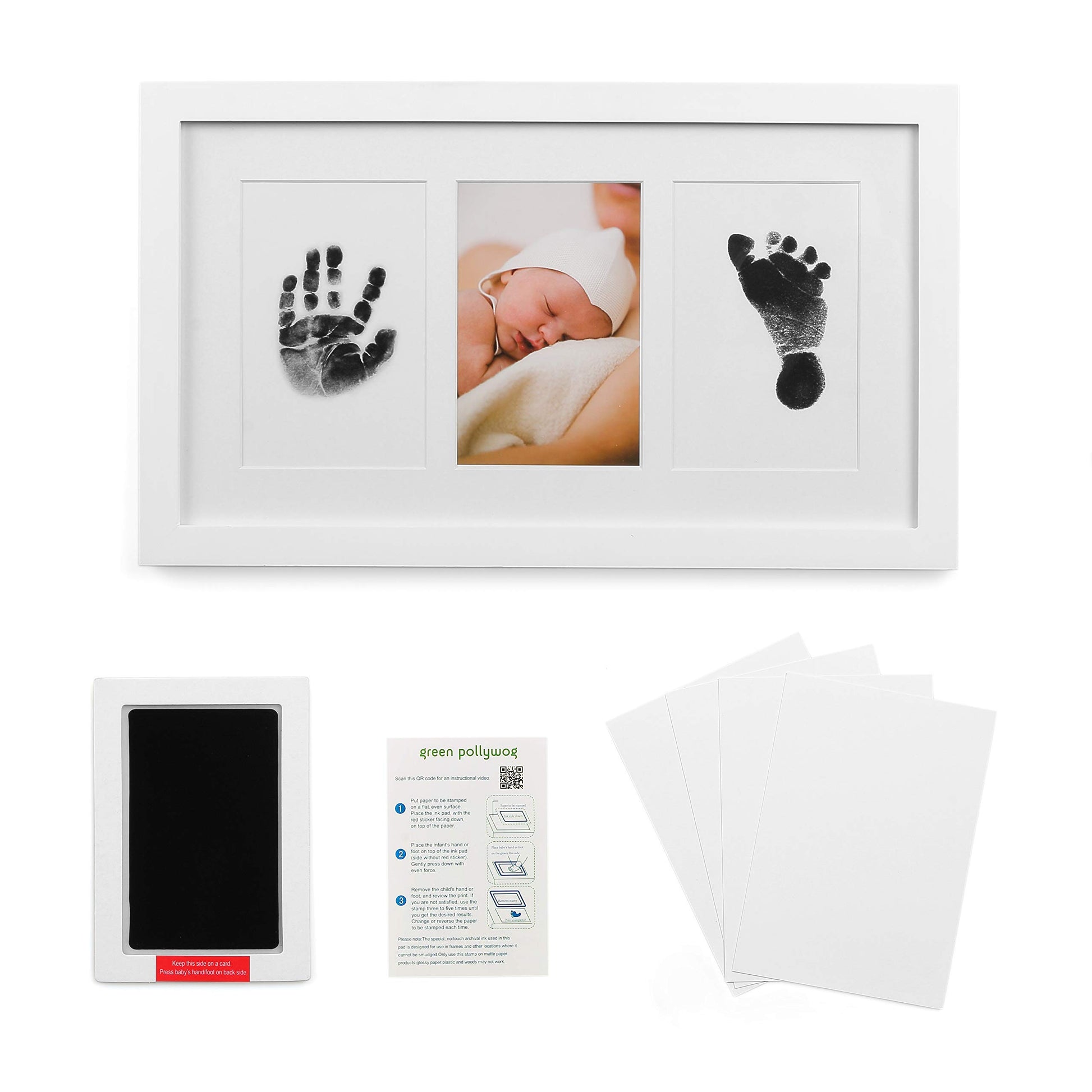 Green Pollywog | Baby Handprint And Footprint Kit | Elegant White Picture Frame | Non-Toxic | Inkless Footprint | Baby Footprint
