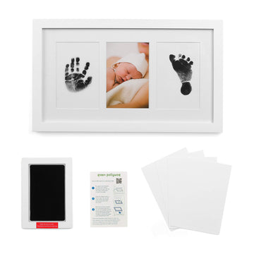 Green Pollywog | Baby Handprint And Footprint Kit | Elegant White Picture Frame | Non-Toxic | Inkless Footprint | Baby Footprint
