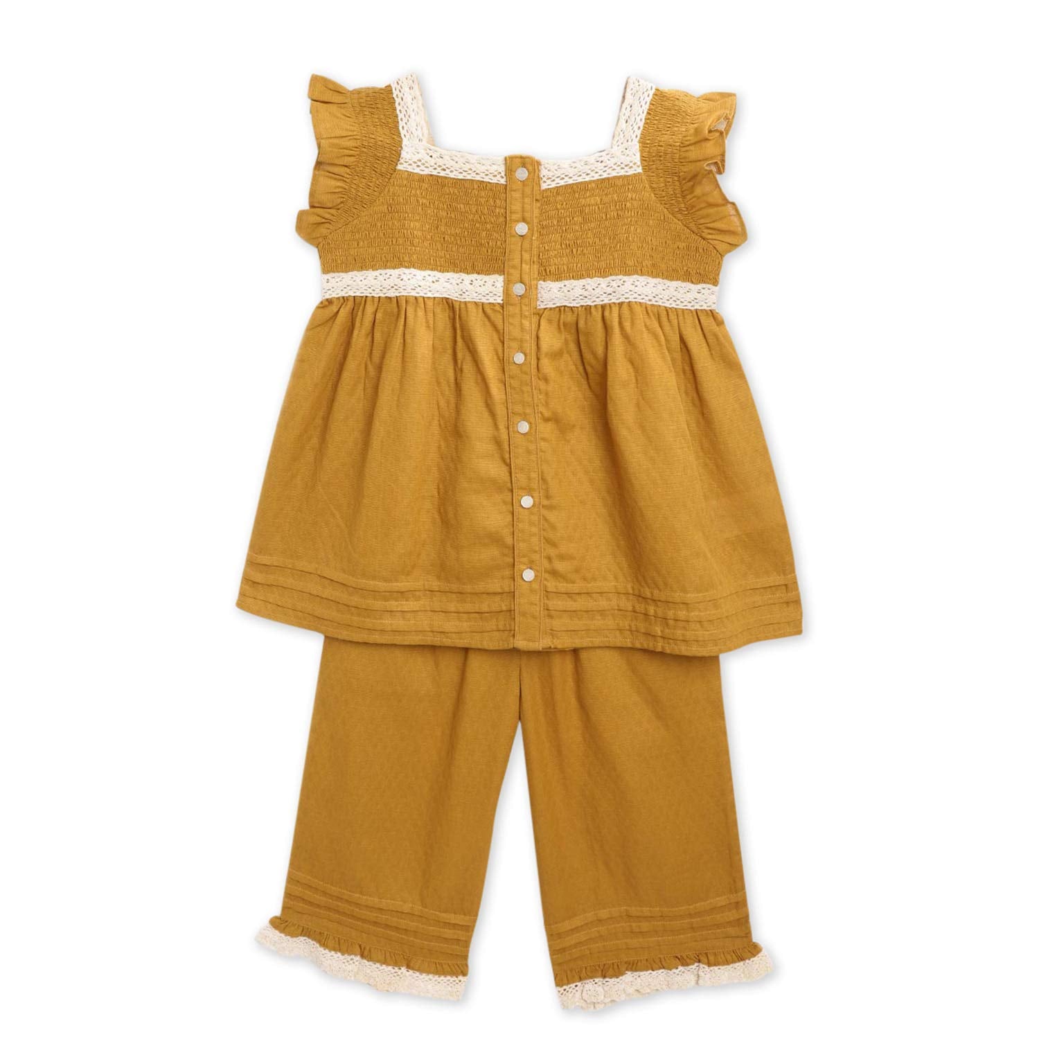Cherry Crumble Mustard Solid 100% Cotton Short Sleeves Square Neck Night Wear Regular Fit Lace Summer Nightsuit for Girls