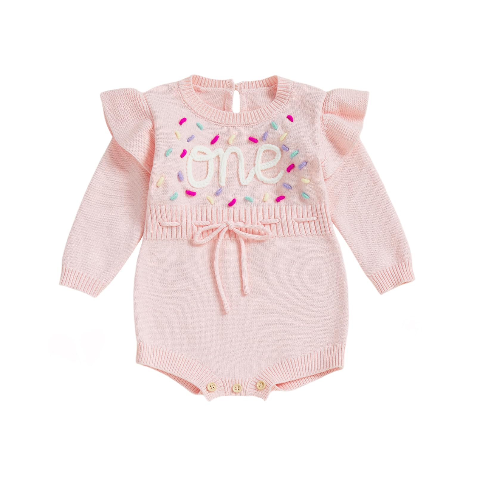 BULINGNA Baby Girl 1st 1/2 Birthday Outfit Long Sleeve Knit Letters Donut Embroidery Romper Sweater Fall Birthday Clothes (One, 