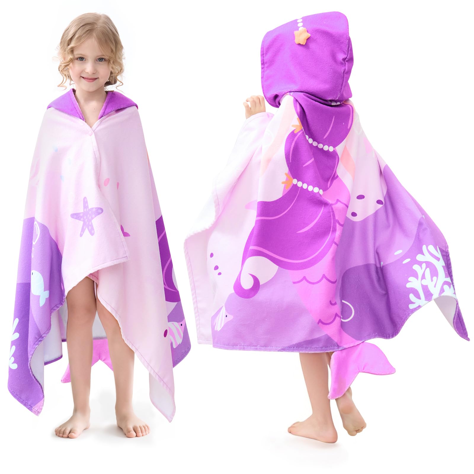 UOMNY Kids Beach Towels-Hooded Towel for Kids 30 x 50 for 3-10 Years,Pool Ponchos for Kids with Hood,Girls Beach Towel,Mermaid