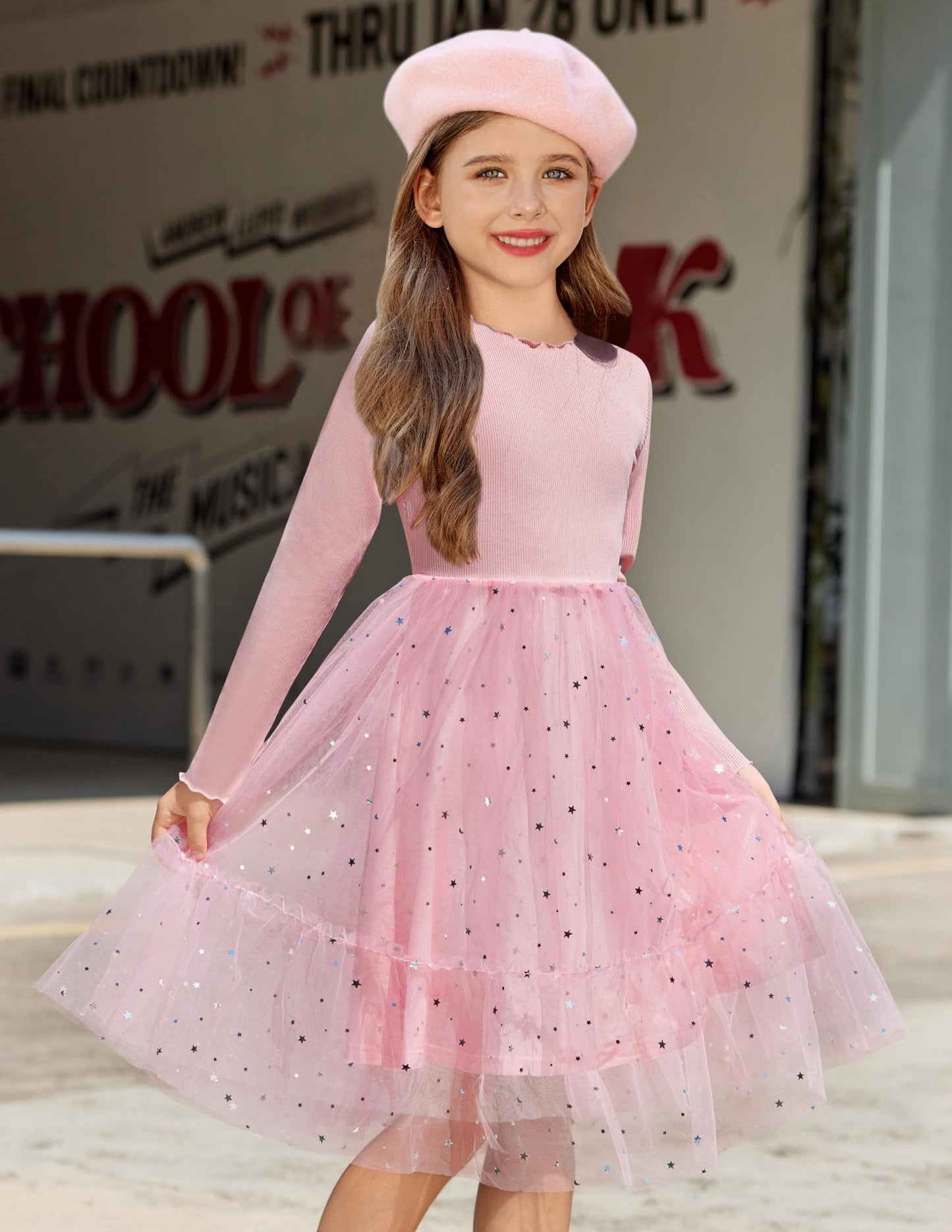 Arshiner Toddler Tutu Dress Long Sleeve Cute Pink Valentine Party Winter Ribbed Knit Princess Dress