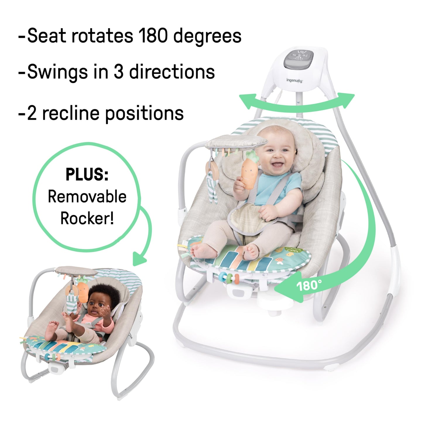 Ingenuity SimpleComfort Piano Playtime 4-in-1 Baby Swing & Rocker, 180 Degrees & 3 Directions, 0-24M