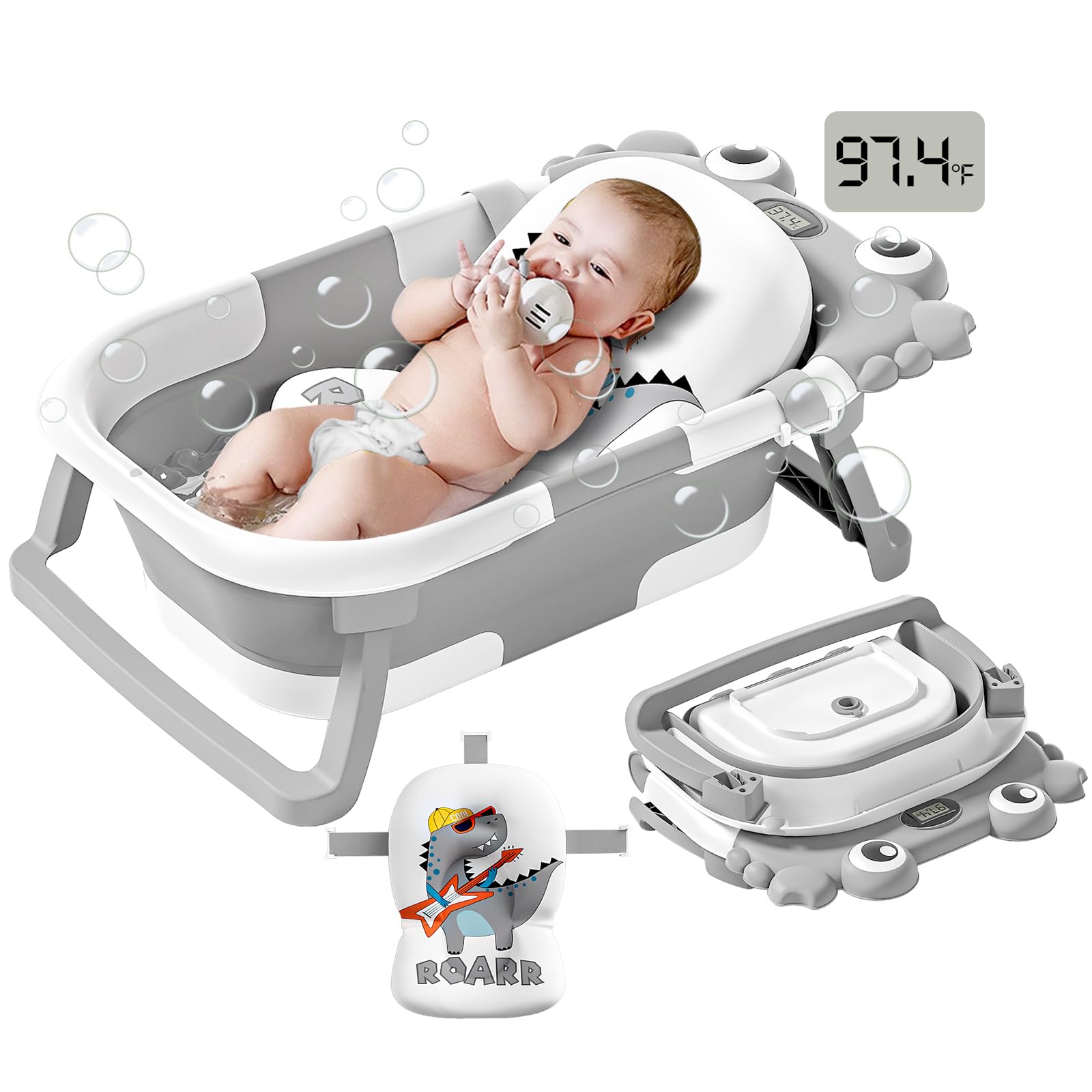 Collapsible Baby Bathtub For Newborns To Toddler With Real-Time Temp Monitor & Floating Cushion,Portable Travel Tub For 0-36 Mon