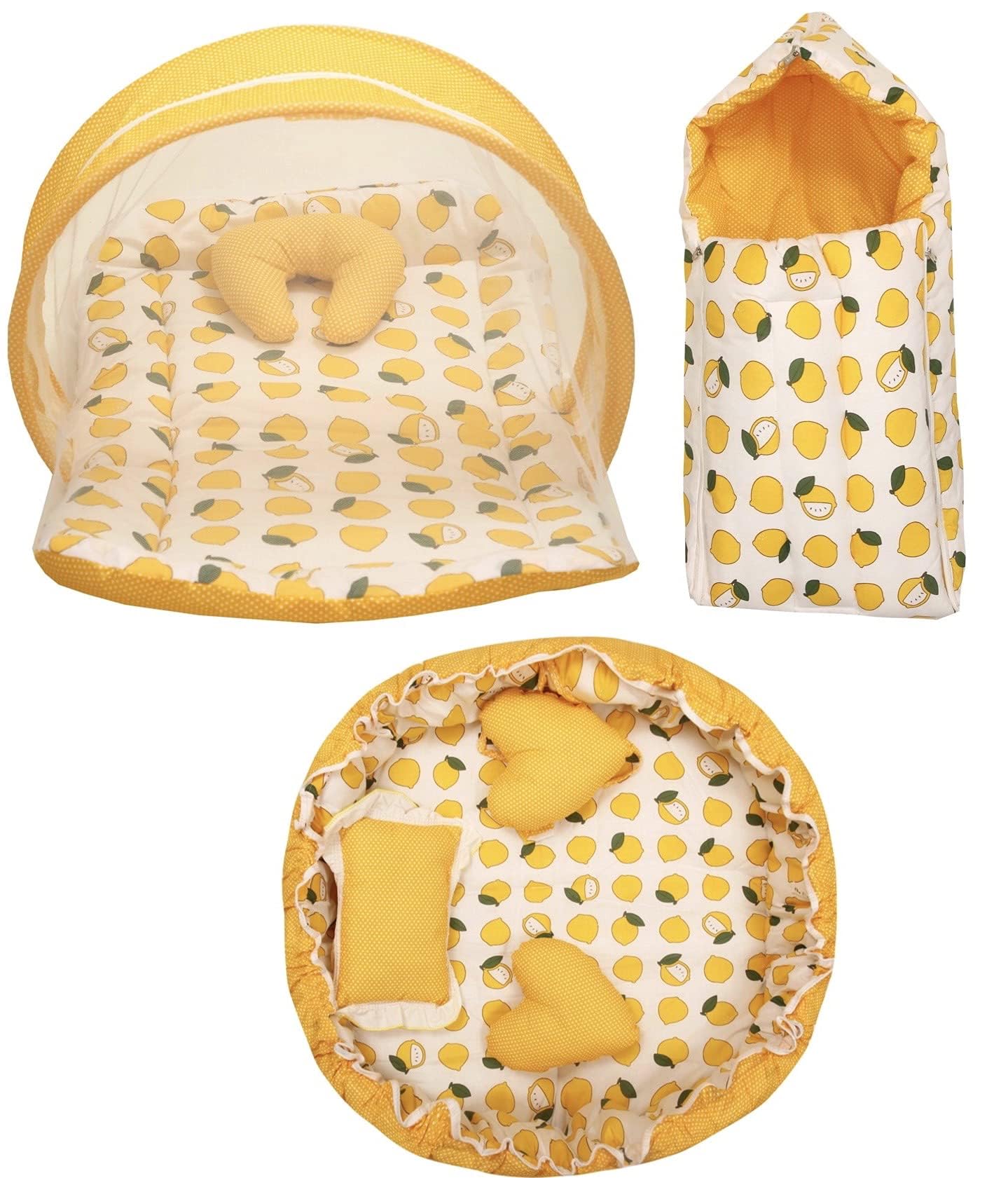 Infantbond Baby Sleeping Essential Reversible Nest | Mattress With Net | Carry Bag(06 Months) (Nest Set Lemon)