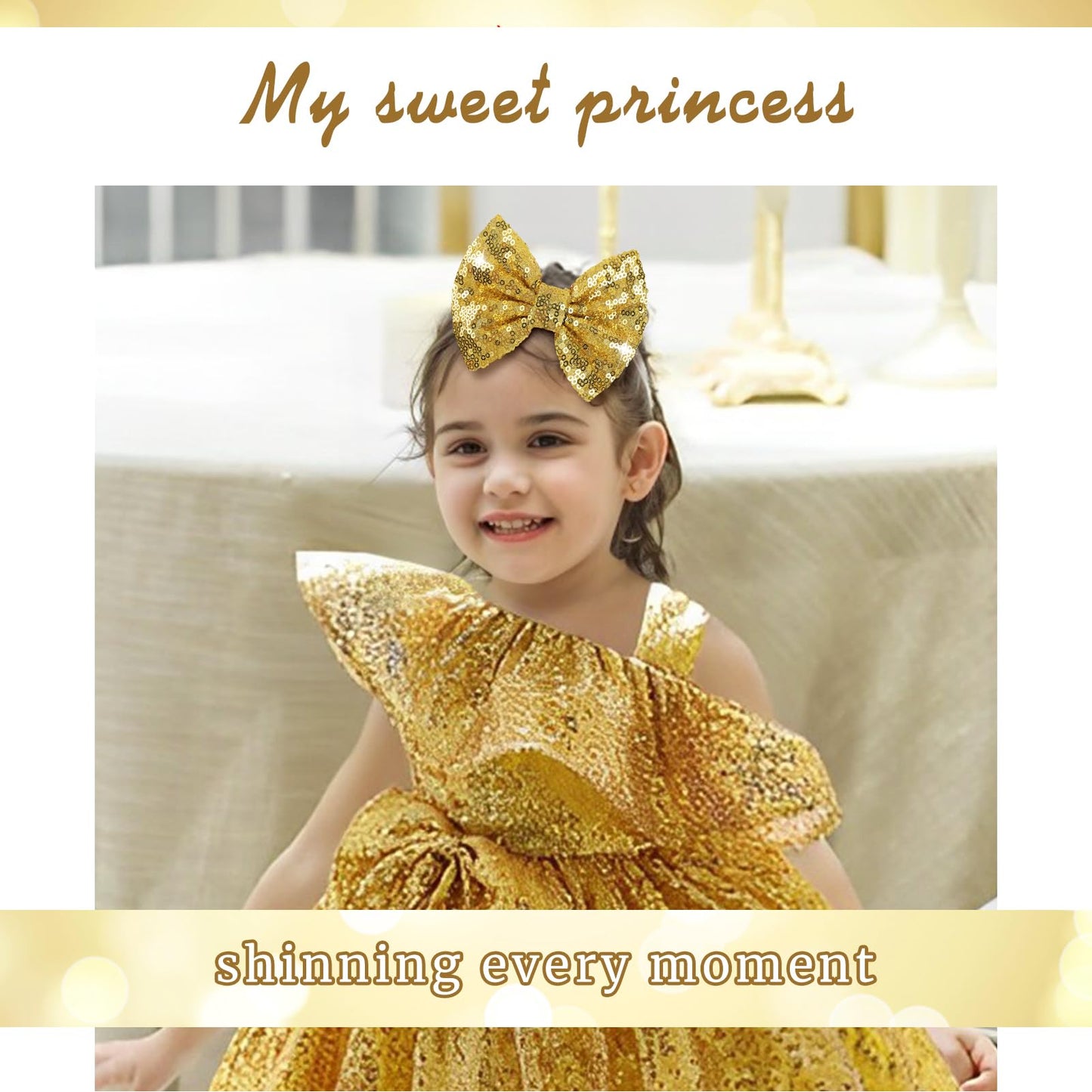 Lanmerry Hair Bows For Girls - Alligator Hair Clips, Sequin Big Bows For Babies, Toddlers, And Teens - Gold Bow Hair Accessories