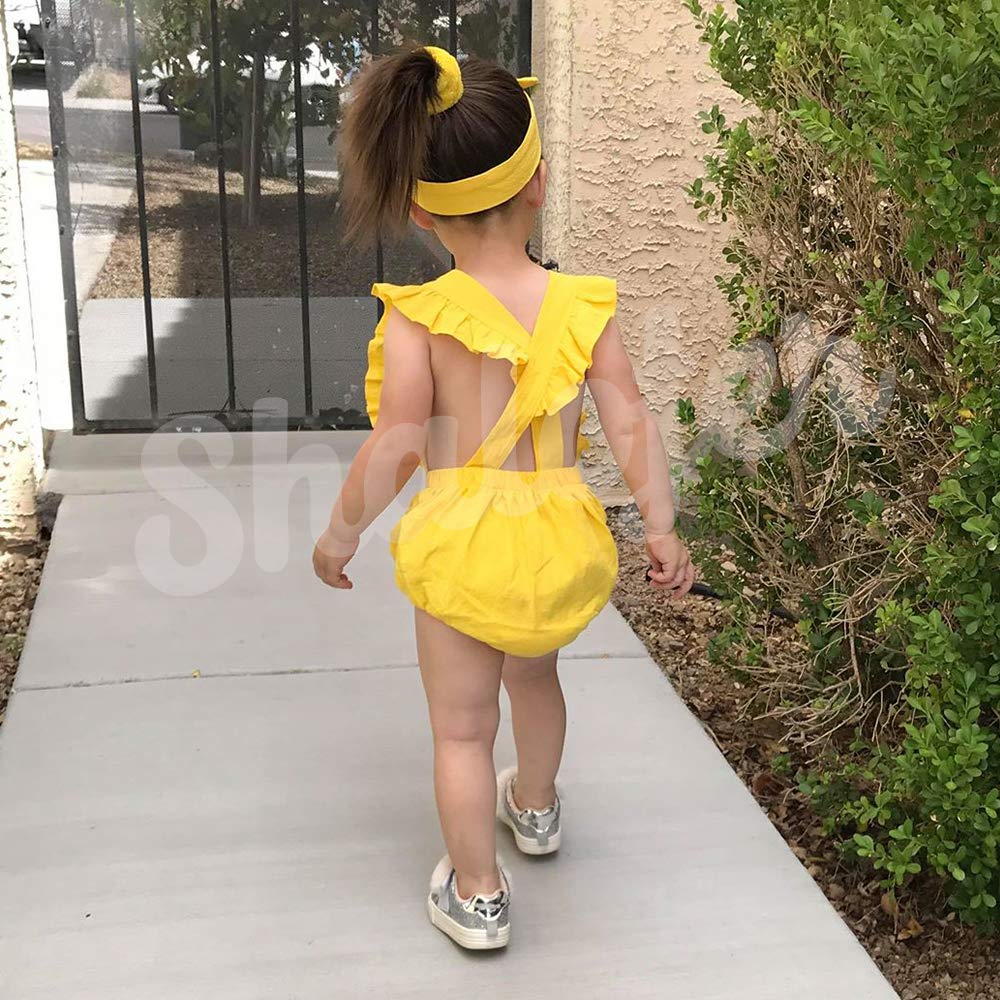 Shalofer Baby Girls One Year Old Outfits First Birthday Romper Cute Backless Ruffles Jumpsuit With Headband (Yellow,6-12 Months)