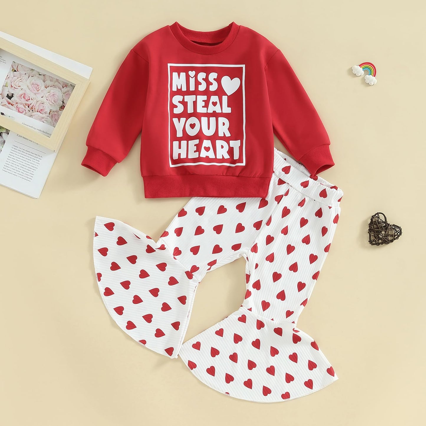 Toddler Baby Girl Valentines Outfit Daddy 'S Valentine Crewneck Sweatshirt Shirts Flare Pant Valentines Clothes (Red - Miss. Ste