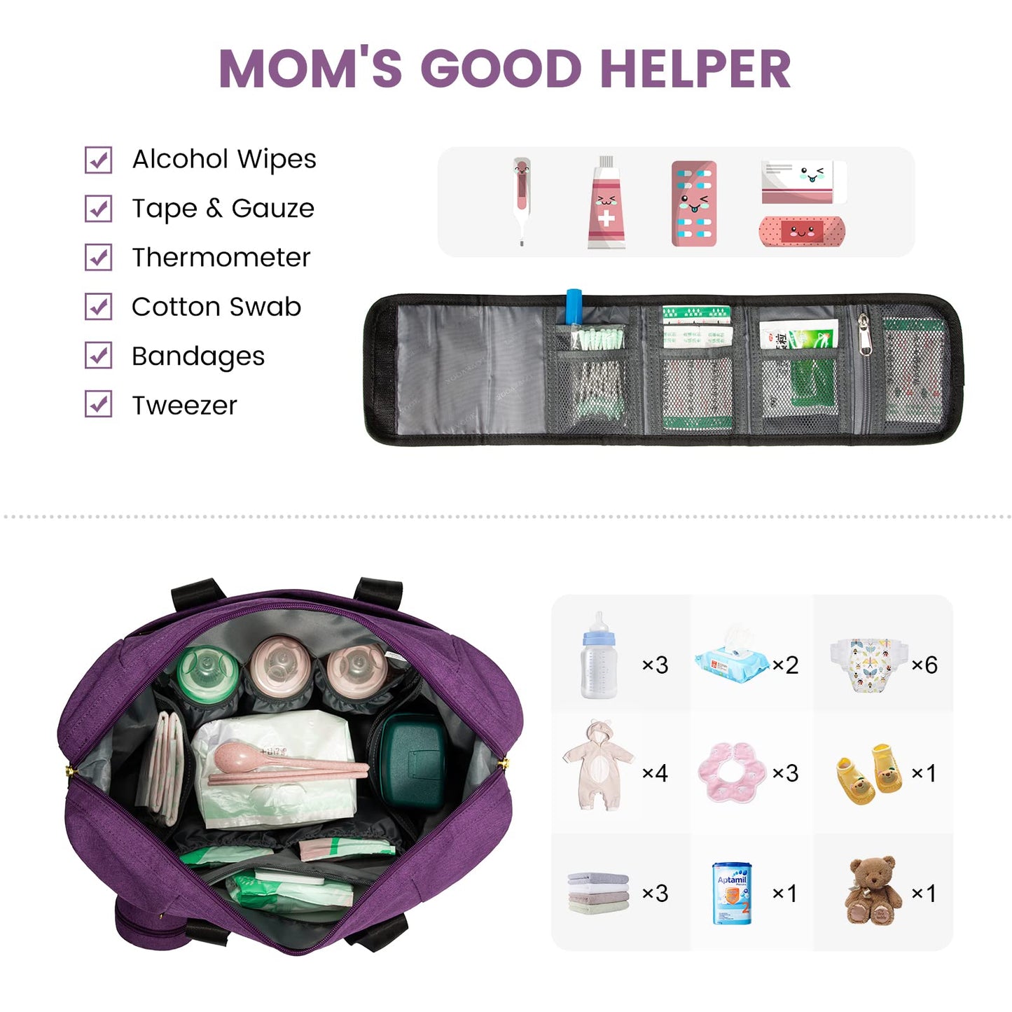 Lovevook Diaper Bag Tote, Large Baby Tote Bag, Travel Diaper Tote For Mom And Dad With Changing Pad And First Aid Bag,Purple