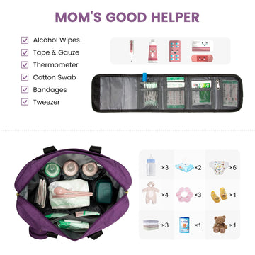 Lovevook Diaper Bag Tote, Large Baby Tote Bag, Travel Diaper Tote For Mom And Dad With Changing Pad And First Aid Bag,Purple