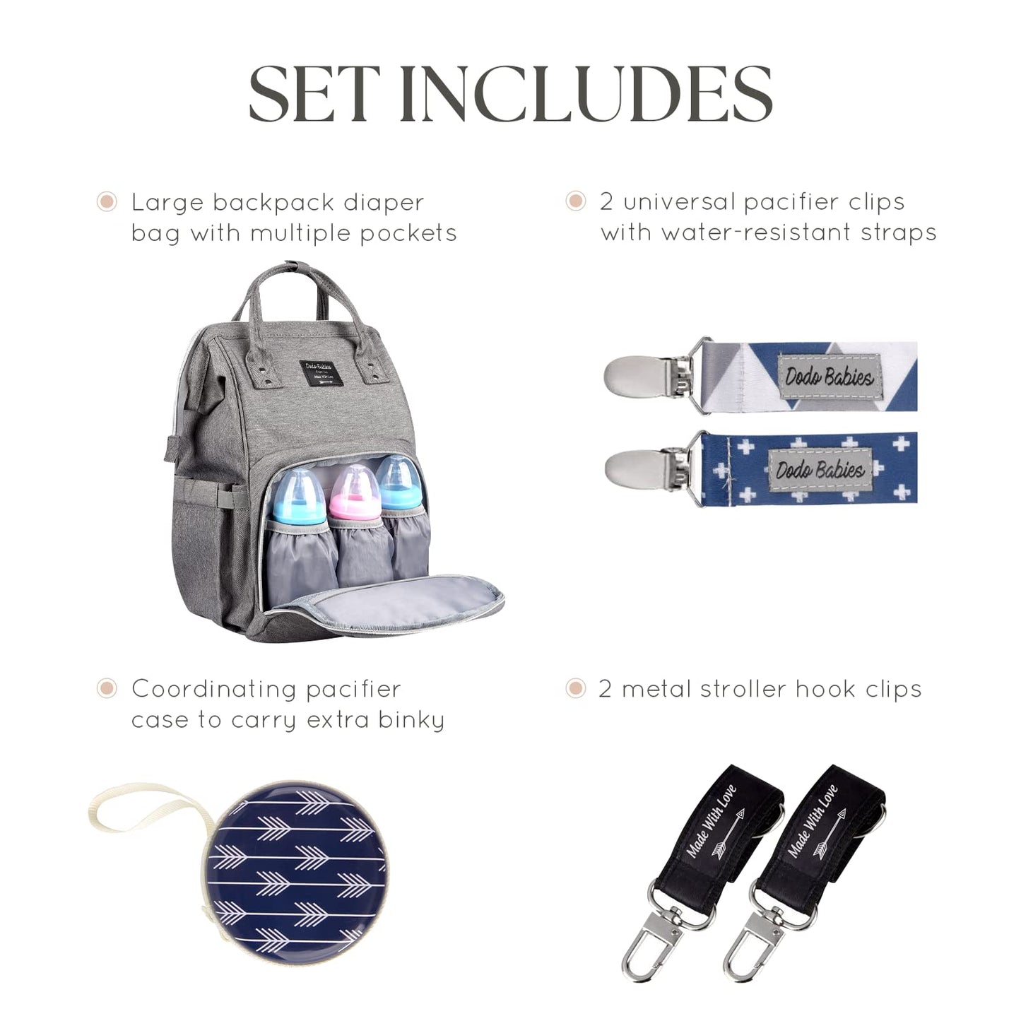 Dodo Babies Diaper Bag Backpack Set - Insulated & Waterproof Pockets - Plus Two Pacifier Clips, Binky Case & Stroller Straps (Bl