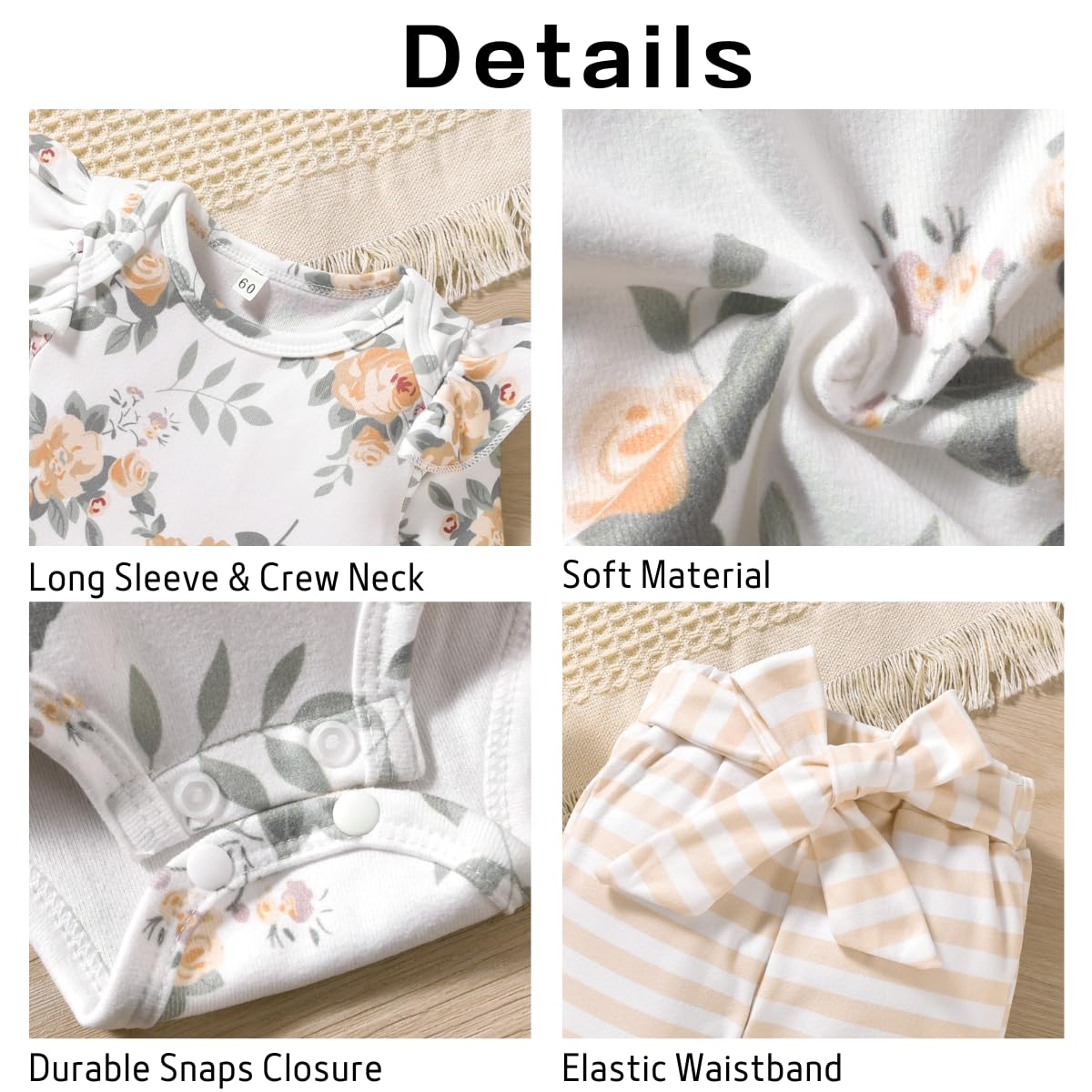 Aalizzwell 12-18 Months Infant Baby Girls Clothes Floral Long Sleeve Striped Fall Winter Spring Outfit Yellow