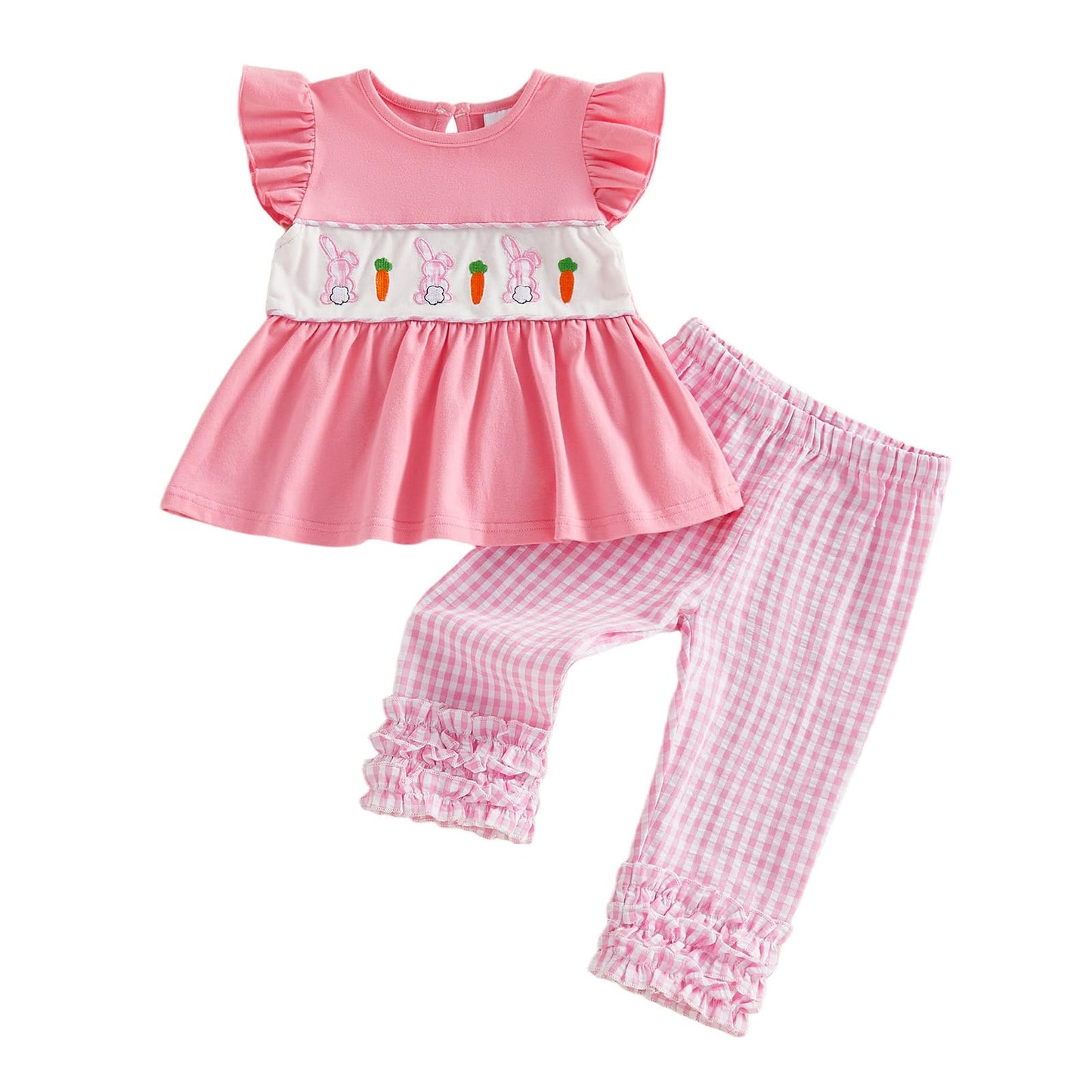 BemeyourBBs Toddler Baby Girl Easter Outfits Ruffle Shirts Tunic Top and Ruffle Pants Set Cute Infant Clothes (Ruffle Bunny Pink