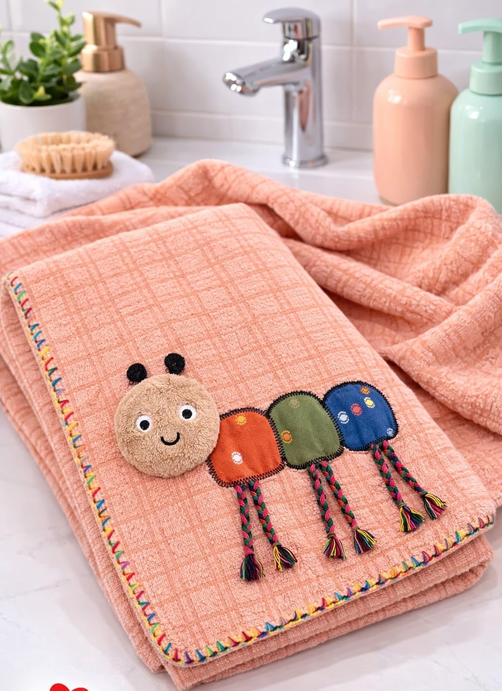 Hi mom Soft Baby Towel, Caterpillar Applique, Plaid Design, Cosy Muslin Wrap for Newborns (Peach, 50X100)