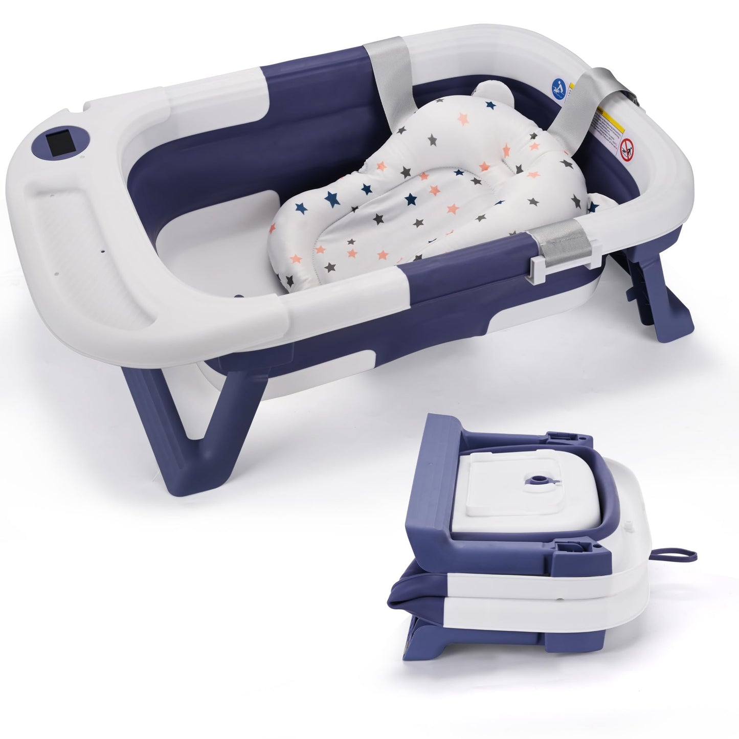 Baby Bathtub for Newborn with Thermometer & 1 Soft Floating Cushion,Portable Travel Bathtub with Drain Hole (Blue)